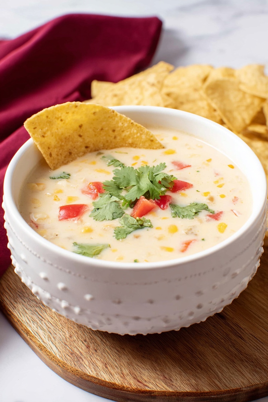 A white bowl filled with creamy soup that has small visible bits of ingredients mixed inside, topped with fresh green cilantro leaves and small red tomato pieces scattered on the surface. The bowl is on a wooden table with some round tortilla chips nearby, and a red cloth is draped in the background over a white marbled surface. Photo taken with an iphone --ar 4:5 --v 7