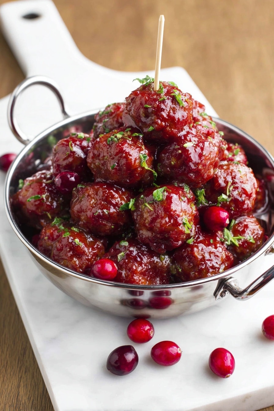 A small metal bowl filled with many round meatballs covered in a shiny red sauce, stacked in about three layers inside the bowl. The meatballs are garnished with chopped green herbs scattered on top and around them. Bright red cranberries are mixed throughout the meatballs inside the bowl and some are placed around the bowl on a large white plate. A single toothpick sticks out from a meatball near the center of the bowl. The bowl sits on a white marbled surface with a few small green herb pieces scattered nearby. photo taken with an iphone --ar 4:5 --v 7