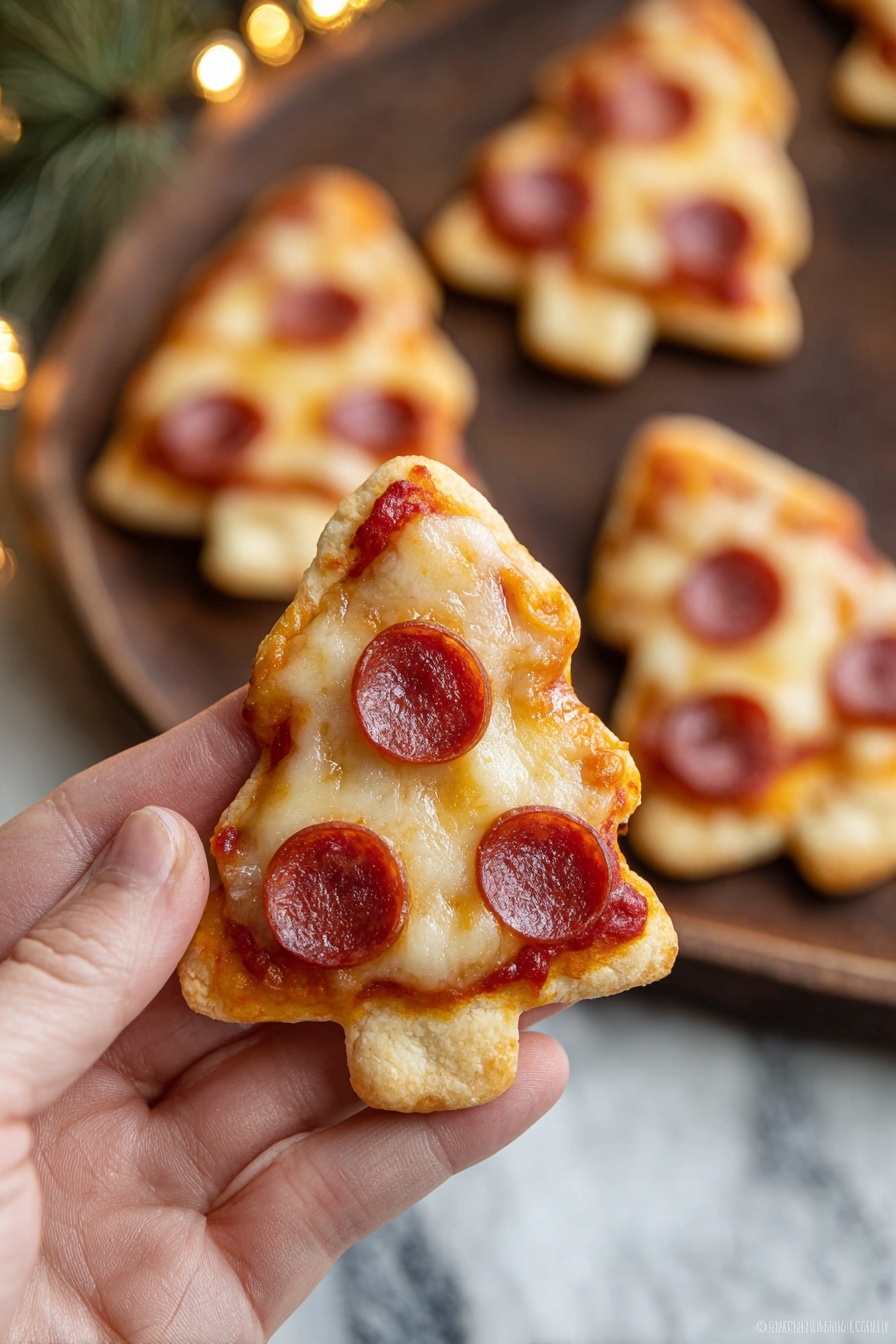 A woman's hand holds a small pizza shaped like a Christmas tree, showing three layers: a light golden-brown dough base with a puffy texture, a melted, golden-yellow cheese middle layer, and a top layer of reddish-orange tomato sauce with three round, dark red pepperoni slices evenly spaced. More tree-shaped mini pizzas are blurred in the background, placed on a dark wooden surface. The background is a white marbled texture. Photo taken with an iphone --ar 4:5 --v 7
