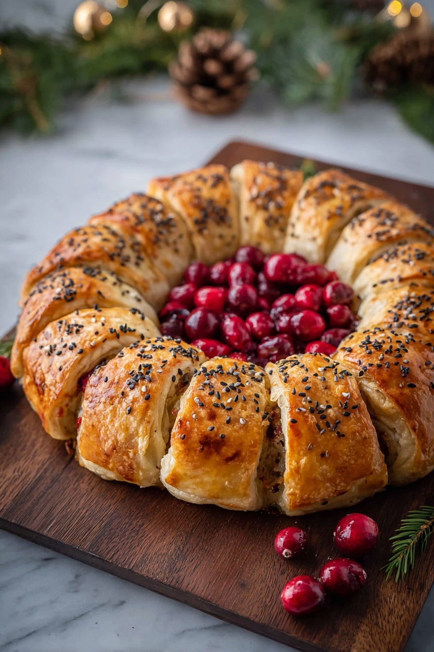 Sausage Roll Wreath with Cranberry Sauce Recipe 6 A round pastry ring with a golden brown, shiny crust topped with sesame and black seeds, arranged on a dark wooden board. The pastry is cut into 12 segments around the edges, showing a light flaky texture inside, filled with a savory brown filling. The center of the ring is filled with a pile of fresh, bright red cranberries. In the background, there is a white bowl filled with crushed red cranberries, placed on a white marbled surface. The overall setting has a clean, bright look with a hint of green pine branches and pine cones blurred in the background. Photo taken with an iphone --ar 4:5 --v 7