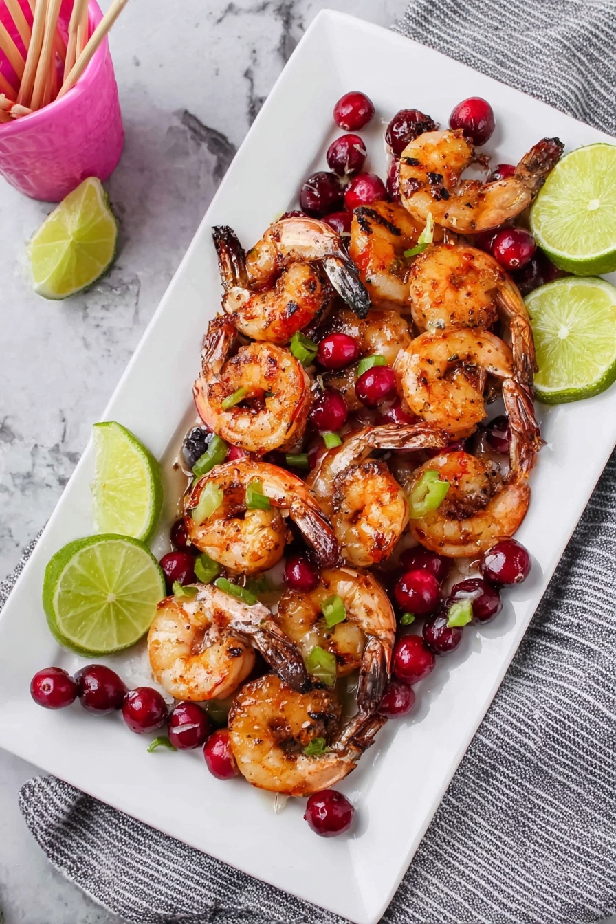 A white rectangular plate holds a layer of grilled shrimp that are bright orange with charred black spots, arranged loosely across the plate. Scattered around and on top of the shrimp are small, shiny red cranberries and bright green chopped jalapeño pieces, adding pops of color. Lime wedges, pale green with juicy texture, sit in between the shrimp at the edges of the plate. The plate is set on a white marbled surface with a few lime wedges visible in the background. photo taken with an iphone --ar 4:5 --v 7