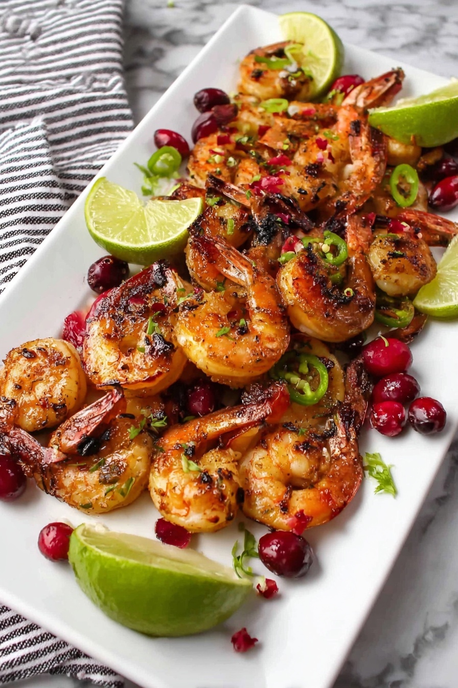 A white rectangular plate holds a layer of grilled shrimp that are orange-pink with some char marks, arranged loosely across the plate. Scattered among the shrimp are several whole red cranberries and small pieces of bright green jalapeño. There are three lime wedges placed on top and around the shrimp, adding a fresh green and yellow contrast. The plate sits on a white marbled surface, next to a striped cloth, and a small white bowl with a red outer edge holding wooden skewers with loops at the top. Photo taken with an iphone --ar 4:5 --v 7