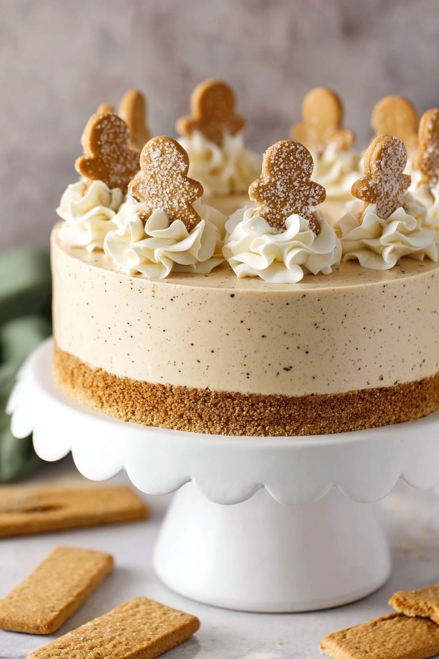 The image shows a slice of cheesecake on a white plate with a lace-like edge. The cheesecake has two layers: a light brown crust at the bottom and a thicker creamy beige layer on top. On the cheesecake slice, there is a dollop of white whipped cream with a small brown cookie shaped like a person standing upright in it. A silver fork rests on the right side of the plate. Around the plate, there are golden shortbread cookies scattered on a white marbled surface, along with a red box of Walkers Pure Butter Shortbread placed diagonally in the lower right corner. The scene has a bright and inviting look. photo taken with an iphone --ar 4:5 --v 7