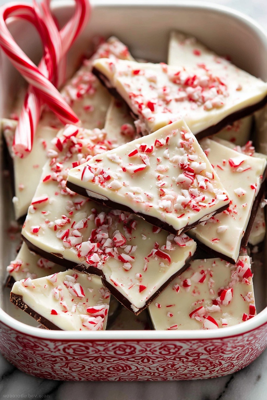 The image shows a stack of six pieces of layered peppermint bark on a white marbled surface. Each piece has three layers: the bottom layer is smooth white chocolate, the middle layer is a thick, dark chocolate with a rich texture, and the top layer is glossy white chocolate sprinkled with small, crushed red and white peppermint pieces. The layers are clean and distinct, with the peppermint pieces adding a vibrant splash of color on top. The bark pieces are stacked unevenly, creating a casual, inviting look. photo taken with an iphone --ar 4:5 --v 7