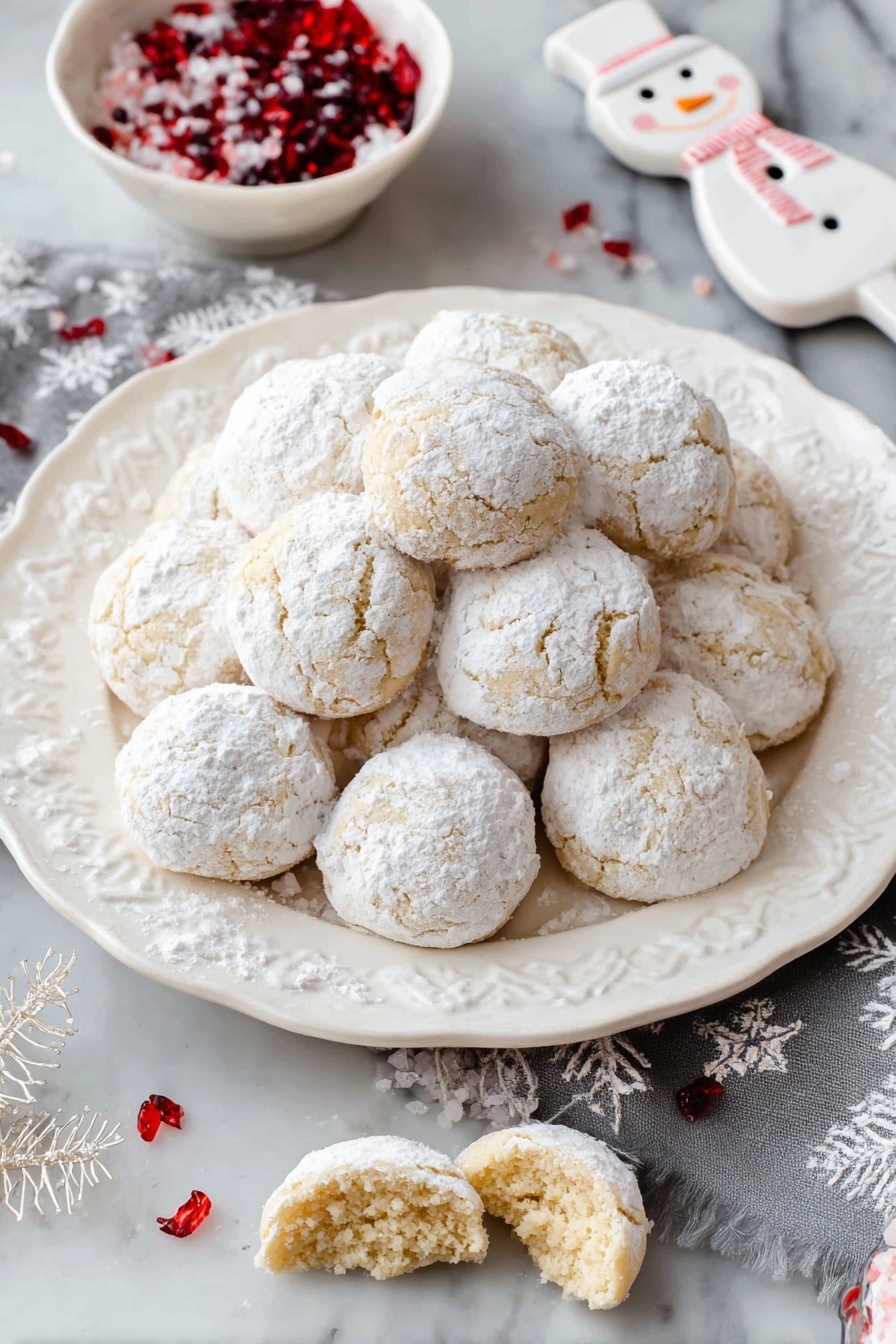 A white ornate plate is filled with a pile of round cookies covered in white powdered sugar. The cookies have a light golden color beneath the powdered sugar, with one cookie broken in half resting on top, showing a light crumbly texture inside. The plate sits on a white marbled surface, and there is a white scalloped bowl partially visible at the bottom right corner filled with red and white sugar crystals. The overall scene is bright and clean, focusing on the soft, powdery texture of the cookies photo taken with an iphone --ar 4:5 --v 7