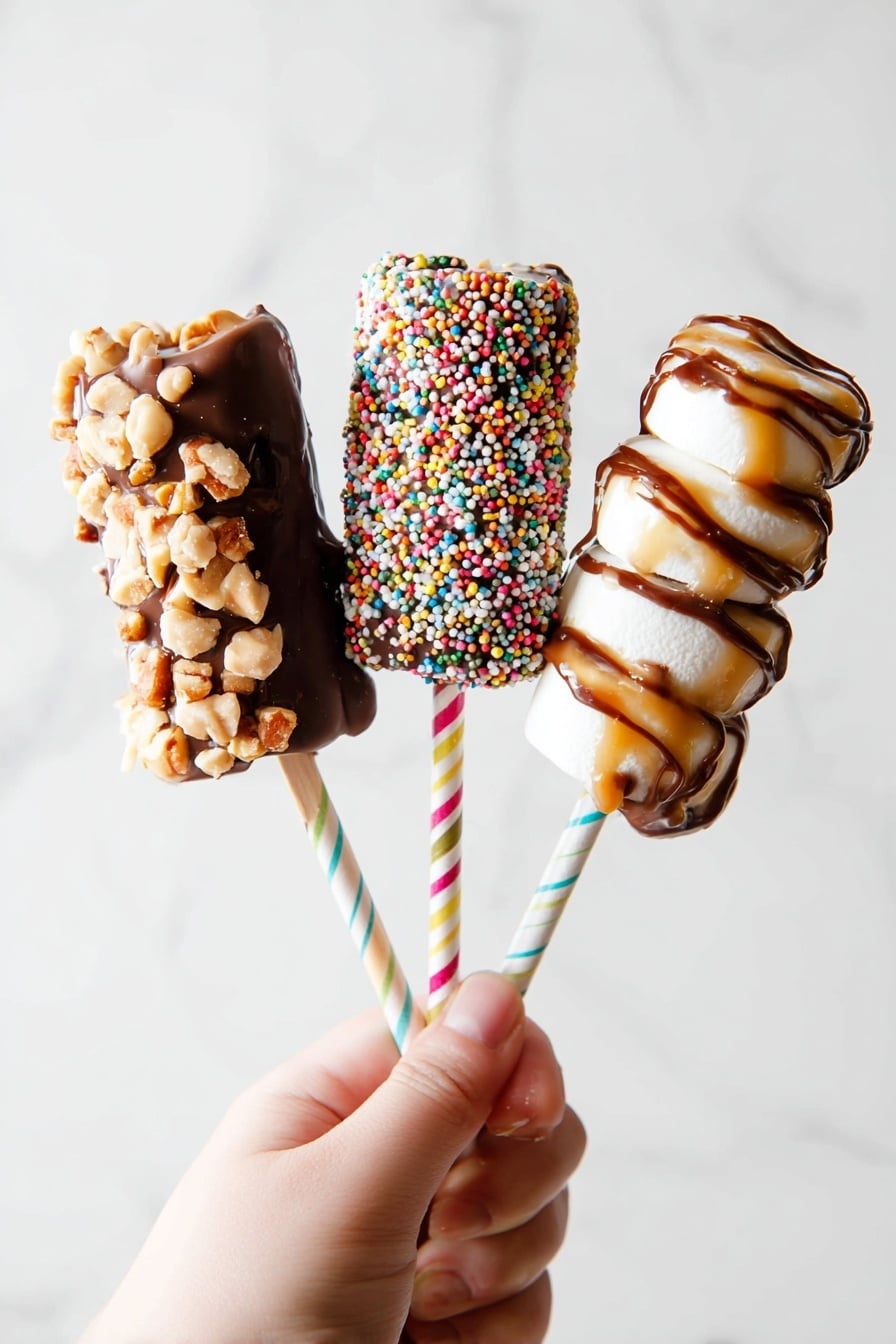 The image shows six sticks of marshmallows on a white tray placed over a white marbled surface. Each marshmallow stick has three marshmallows and is coated with different toppings. From the bottom to the top, the first stick is covered with milk chocolate and colorful long sprinkles, the second stick has milk chocolate with the same sprinkles, the third has milk chocolate with chopped nuts in a rough texture, the fourth stick is coated fully in smooth milk chocolate, the fifth stick is milk chocolate with colorful long sprinkles, and the sixth stick at the top is plain white marshmallows drizzled with caramel. All sticks have paper straws in pink/white or blue/white stripes inserted as handles. Photo taken with an iphone --ar 4:5 --v 7