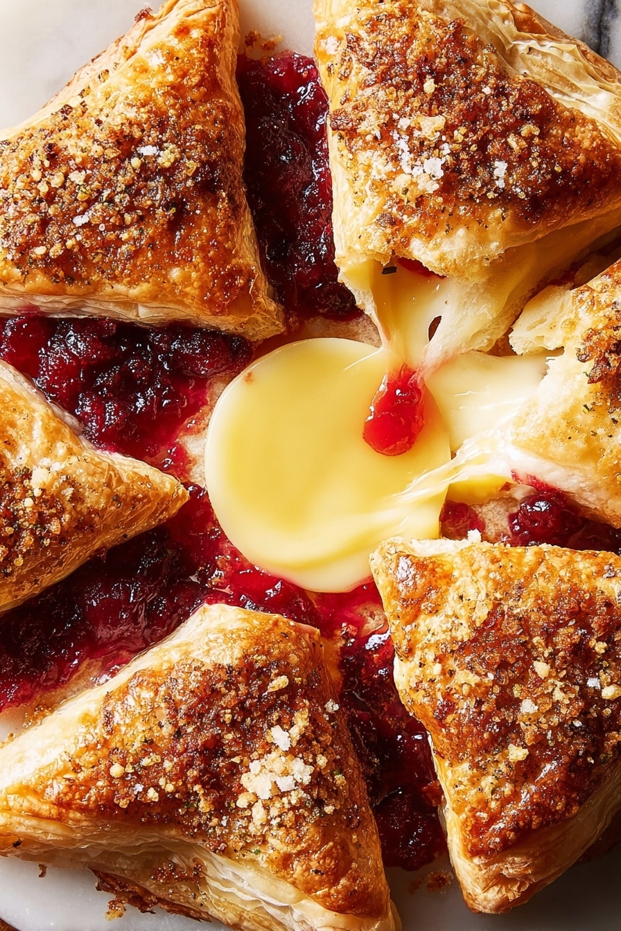 The image shows a close-up of a white plate with a round layer of red berry jam in the center, giving a shiny, chunky texture. On top of the jam, there are four triangular layers of golden-brown puff pastry, each sprinkled with coarse sugar crystals, arranged in a circle with their points toward the center. One corner piece is pulled back by a woman’s hand to reveal melted, creamy yellow cheese that stretches slightly, and a bit of red jam stuck to the cheese. Around the plate, there are beige flat crackers with a smooth texture placed loosely. The whole scene is set on a white marbled surface. photo taken with an iphone --ar 4:5 --v 7