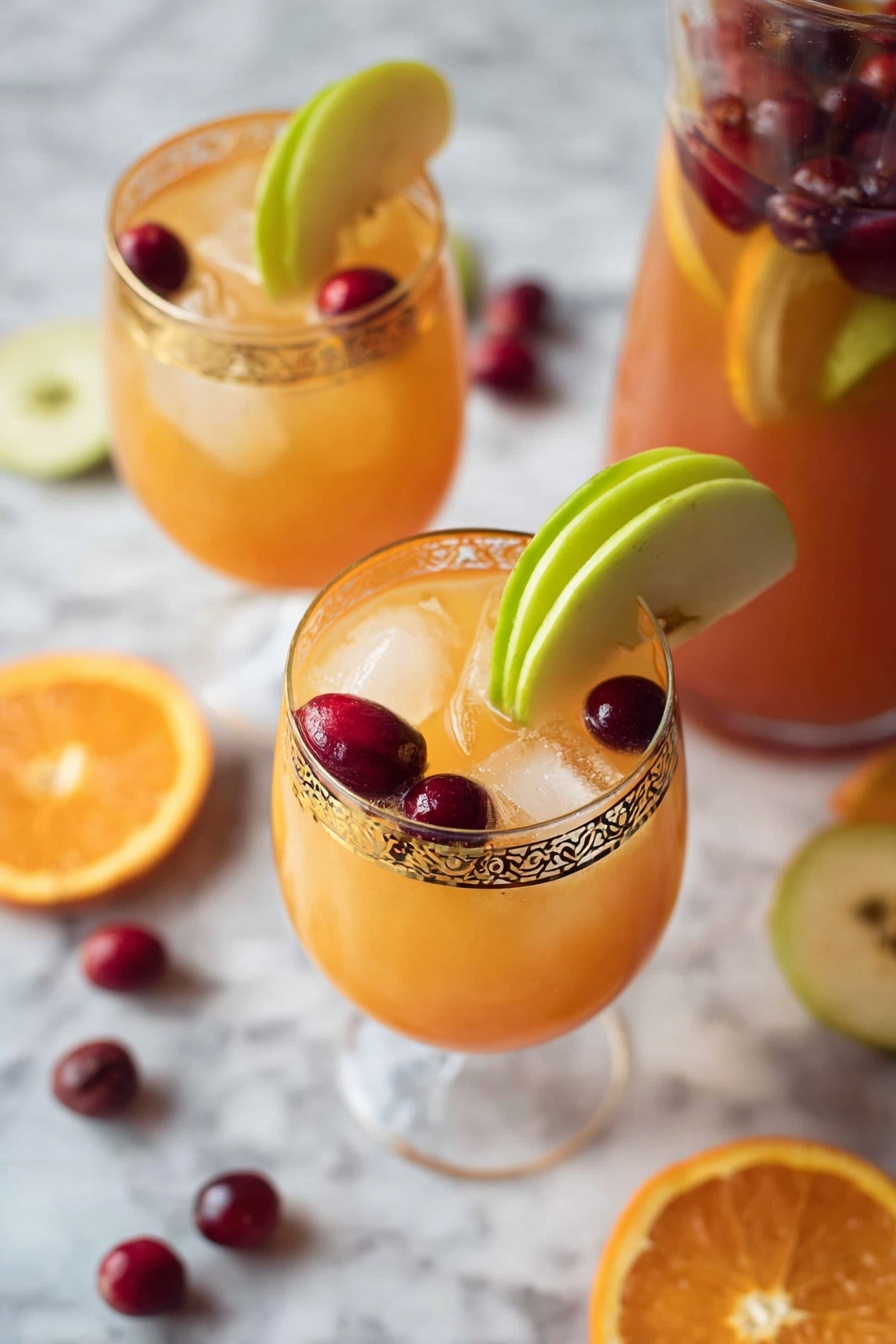 A clear glass carafe holds a colorful fruit drink with three visible layers: the bottom with round orange slices pressed against the glass, the middle filled with a cloudy yellow-orange liquid, and the top with dark red grapes floating. Around the carafe, there are halved green and red apples, an orange cut in half, and scattered small dark red berries on a white marbled surface. A blue bottle is pouring clear liquid into the carafe from the right side against a light gray brick wall background. Photo taken with an iphone --ar 4:5 --v 7