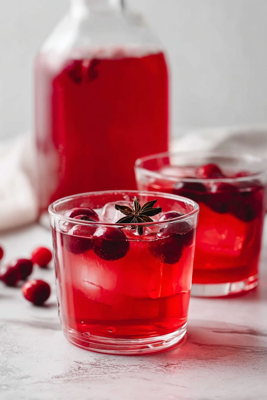 A clear glass filled with a bright red drink with ice cubes visible inside. On top of the drink, there are several whole red cherries and a dark brown star anise as garnish. The glass is placed on a white marbled surface, and beside it lies a gold-colored spoon with a twisted handle. The lighting shows soft shadows around the glass, highlighting its transparency and the vibrant color of the drink photo taken with an iphone --ar 4:5 --v 7