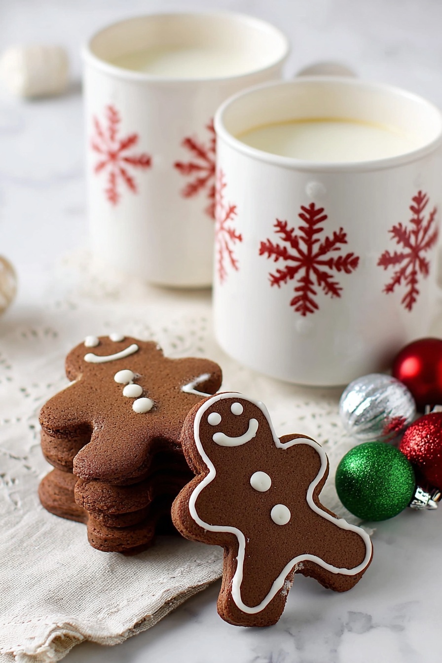Two white mugs with red snowflake designs near the top edge are filled with white milk and placed on a white marbled surface. In front of the mugs, there is a stack of three dark brown gingerbread people cookies with three small white icing dots on the top cookie. Next to the stack, a single gingerbread person cookie decorated with white icing outlining the shape leans against the front mug. The surface has a white cloth underneath the cookies, and there are small red, green, and silver Christmas ornaments blurred in the background. Photo taken with an iphone --ar 4:5 --v 7