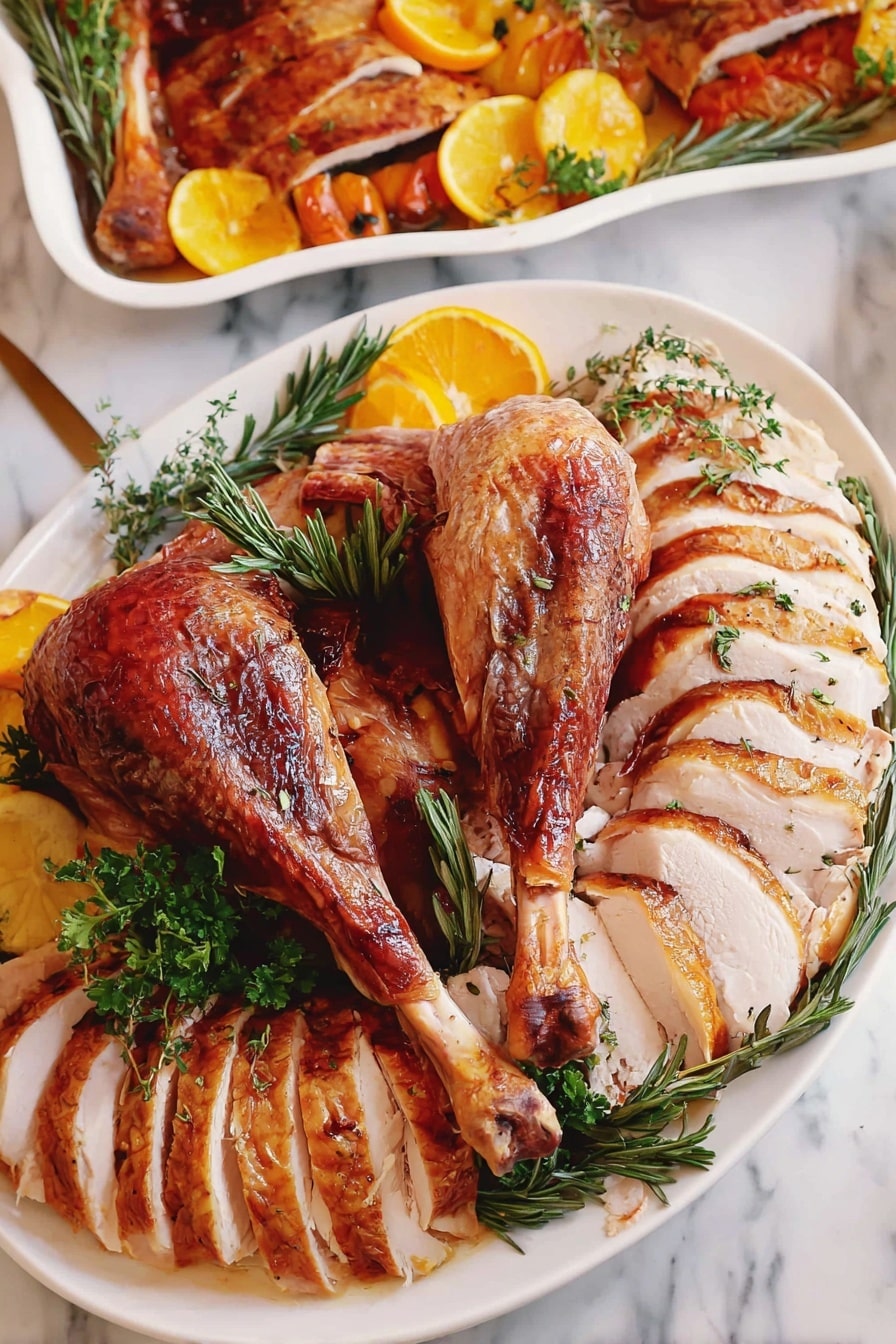 Buttermilk Brined Roast Turkey Recipe 5 A white round plate holds a roasted bird sliced into several layers arranged in a circular pattern around the whole roasted drumsticks placed on top in the center. The sliced meat layers have a light brown outer color with a tender pinkish-white inside, while the drumsticks have a crispy and darker brown skin. Fresh green herbs like rosemary and thyme are placed on and around the meat, adding a vibrant touch. Two orange and yellow citrus halves are on the side of the plate. The plate sits on a white marbled surface with a white cloth underneath. Photo taken with an iphone --ar 4:5 --v 7