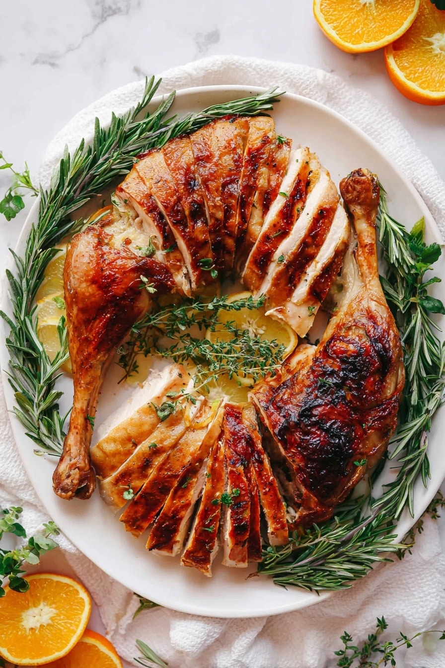 Buttermilk Brined Roast Turkey Recipe 6 A white plate holds a whole roasted chicken sliced into three main parts arranged in a circular pattern: two sections of sliced light brown chicken meat with a slightly crispy texture on the outer edges, placed symmetrically on either side, and two dark brown roasted chicken legs stacked in the center. Fresh green rosemary and thyme sprigs are placed on top and around the chicken, adding a natural touch. The plate sits on a wrinkled white cloth atop a white marbled surface, surrounded by halved bright orange and yellow citrus fruits for color contrast. photo taken with an iphone --ar 4:5 --v 7