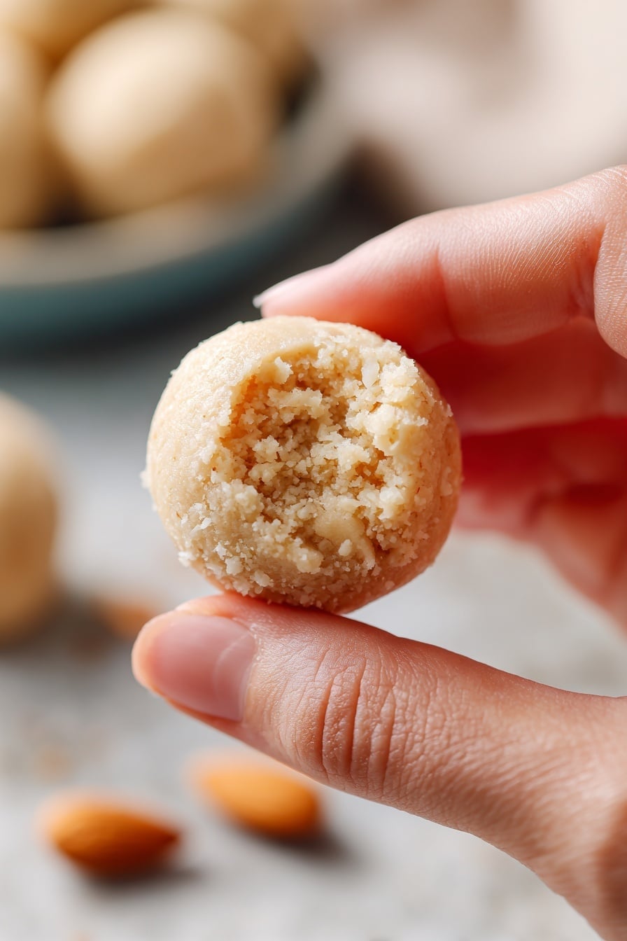 Homemade Marzipan Recipe 6 The image shows a log of pale yellow marzipan dough on a white marbled surface, with two thick round slices cut and placed in front of the log. The texture of the slices is slightly grainy and soft. Around the log and slices, whole peeled almonds are scattered. A knife with a brown handle is visible on the left side, resting on the surface. photo taken with an iphone --ar 2:3 --v 7 - Homemade Marzipan, marzipan recipe, how to make marzipan, homemade marzipan candy, easy marzipan tutorial
