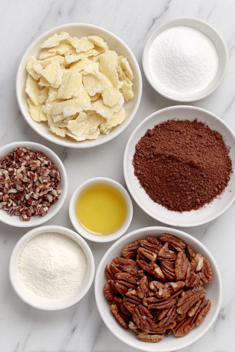 Spiced Rum Balls Recipe 7 Flat lay of crushed vanilla wafer cookies in a small white ceramic bowl, a small white bowl of confectioners' sugar, a small white bowl of unsweetened cocoa powder, finely chopped pecans spread neatly on the surface, a small white bowl with light corn syrup, a small white bowl containing spiced rum, and a small white bowl with pure vanilla extract placed symmetrically, all fresh and natural, placed on a clean white marble surface, soft natural light, photo taken with an iPhone, professional food photography style, fresh ingredients, white ceramic bowls, no bottles, no duplicates, no utensils, no packaging --ar 2:3 --v 7 --p m7354615311229779997 - Spiced Rum Balls, Rum Balls Recipe, No-Bake Rum Balls, Holiday Rum Balls, Easy Boozy Treats