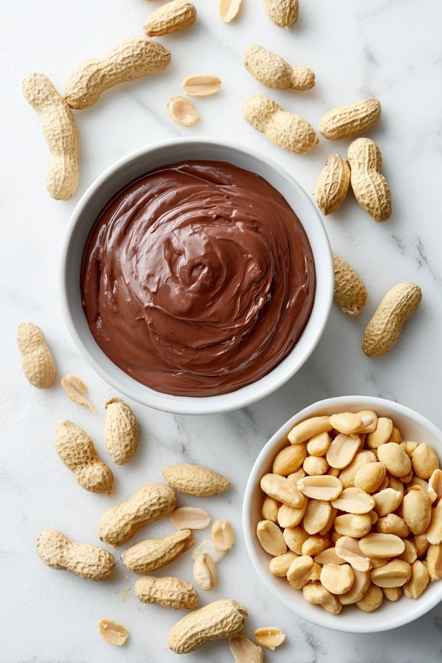 Chocolate Peanut Clusters Recipe 7 Flat lay of a large white ceramic bowl filled with smooth, glossy melted milk chocolate, a small white bowl overflowing with whole salted peanuts, and a few salted peanuts scattered loosely around the bowls, placed on a clean white marble surface, soft natural light, photo taken with an iPhone, professional food photography style, fresh ingredients, white ceramic bowls, no bottles, no duplicates, no utensils, no packaging --ar 2:3 --v 7 --p m7354615311229779997 - Chocolate Peanut Clusters, Peanut Clusters, Easy Chocolate Snacks, No-Bake Peanut Treats, Homemade Peanut Candy