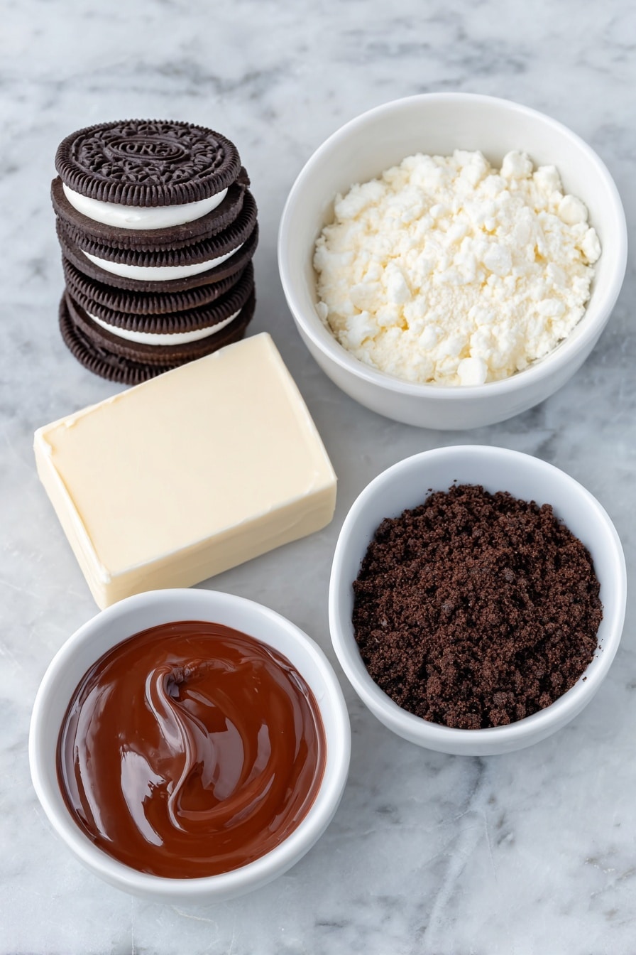Flat lay of a stack of original Oreo cookies with dark chocolate cream filling visible, a small block of creamy white cream cheese, a small white bowl filled with finely crushed Oreo crumbs, and a small white bowl holding smooth melted dark chocolate, all arranged symmetrically on a clean white marble surface, soft natural light, photo taken with an iPhone, professional food photography style, fresh ingredients, white ceramic bowls, no bottles, no duplicates, no utensils, no packaging --ar 2:3 --v 7 --p m7354615311229779997 - Easy Oreo Balls, Oreo Balls No Bake, Chocolate Oreo Bites, No Bake Dessert, Simple Oreo Treats
