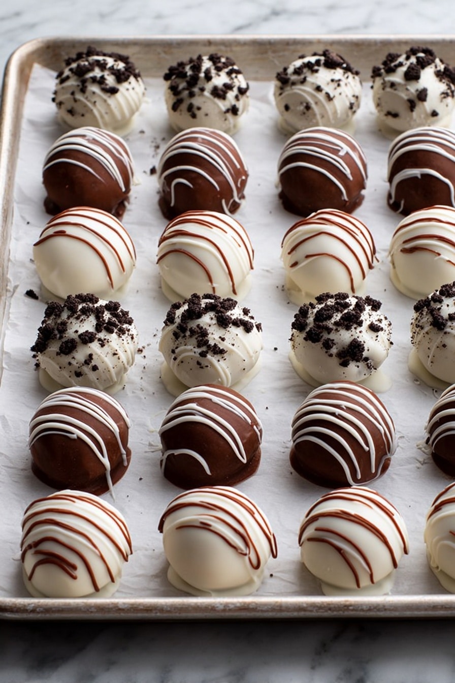 The image shows a white baking tray lined with white parchment paper, filled with rows of round truffles organized in a neat grid. There are five vertical columns and five horizontal rows of truffles with three different styles arranged in alternating columns. The first and third columns feature smooth white truffles with thin brown drizzles forming curved lines on top. The second and fifth columns have shiny white truffles topped with dark brown cookie crumbs, which create a rough texture on their surface. The fourth column holds milk chocolate truffles decorated with white zigzag lines, and the sixth column holds milk chocolate truffles topped with dark brown cookie crumbs. The tray rests on a white marbled surface photo taken with an iphone --ar 2:3 --v 7 - Easy Oreo Balls, Oreo Balls No Bake, Chocolate Oreo Bites, No Bake Dessert, Simple Oreo Treats