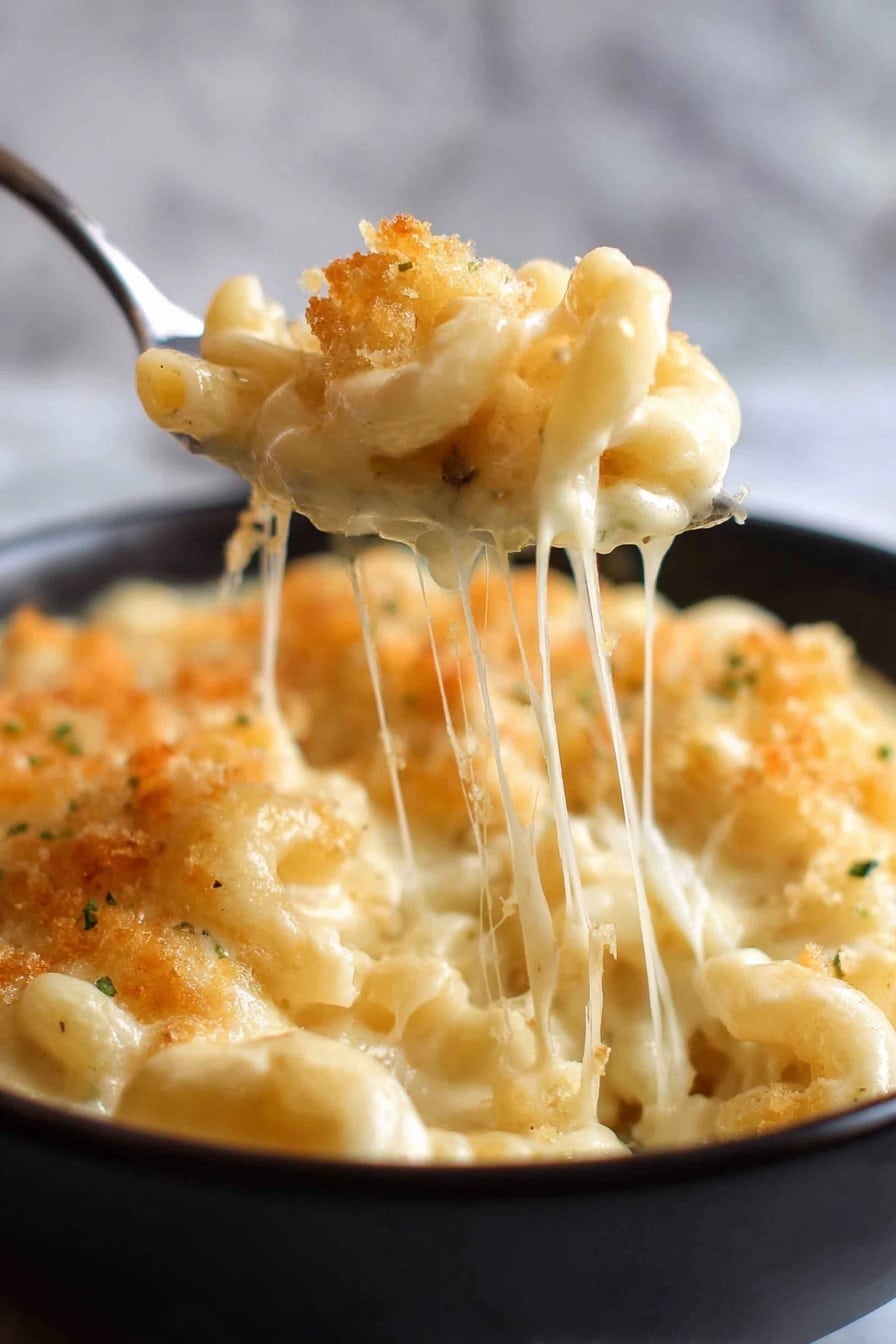 Creamy Baked Mac and Cheese Recipe 5 A close-up image shows a spoon lifting a portion of macaroni and cheese from a white bowl set on a white marbled surface. The dish is layered with small, curved macaroni pasta coated in a creamy, pale yellow cheese sauce. The cheese sauce appears thick and melted, with long strings of cheese stretching from the spoon back to the bowl. On top of the macaroni are pieces of lightly browned, crispy breadcrumb topping adding a golden color and crunchy texture. Small green herbs are sprinkled inside the cheese sauce, adding bits of color. The overall look is warm and cheesy, with the spoon held by a woman's hand just outside the left frame. photo taken with an iphone --ar 4:5 --v 7