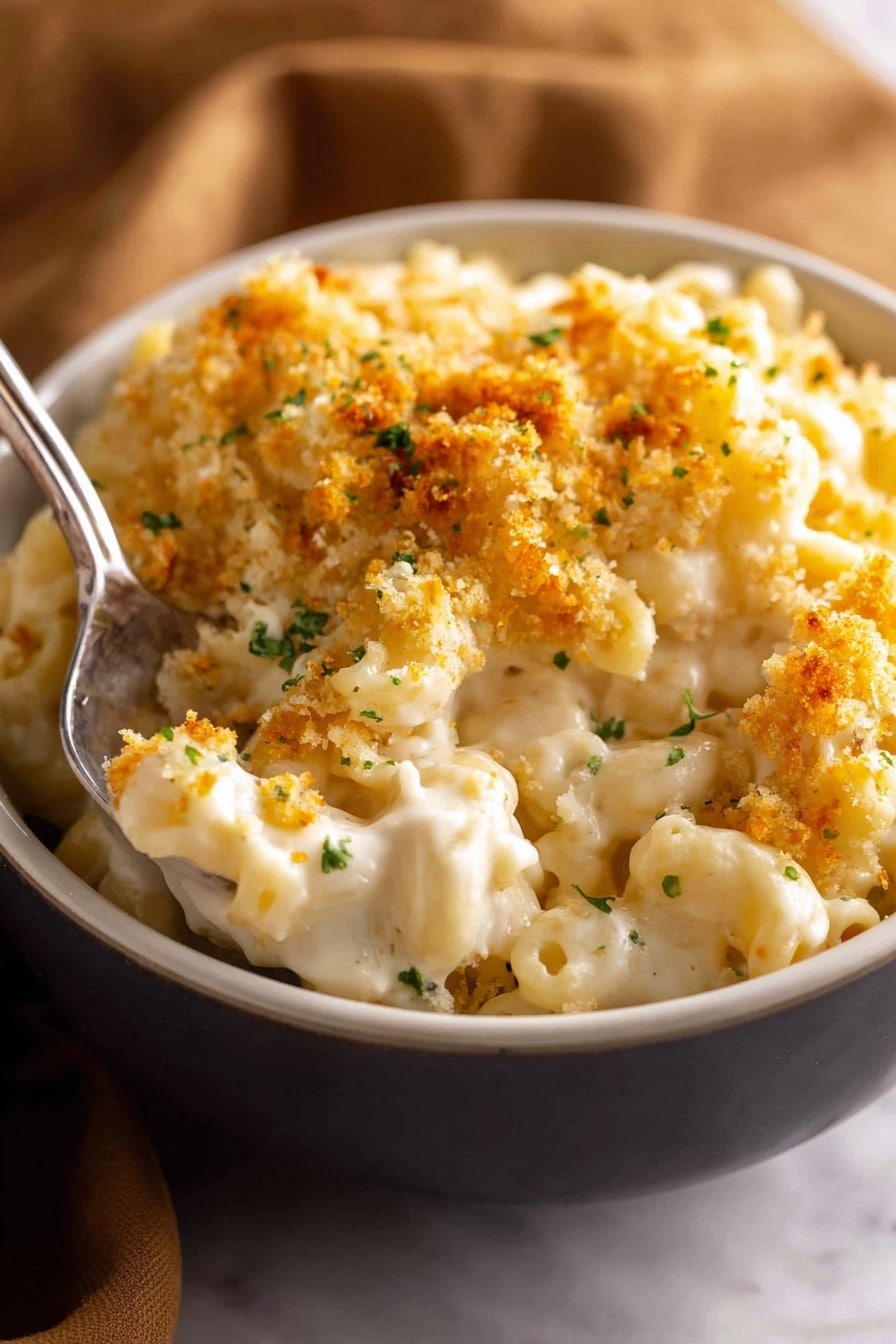 Creamy Baked Mac and Cheese Recipe 6 A black bowl filled with macaroni pasta covered in a thick, creamy white cheese sauce. On top, a layer of golden brown toasted breadcrumbs adds a crunchy texture with small bits of green herbs scattered through it. A silver spoon is placed inside the bowl, resting on the right side, partially submerged in the cheesy pasta. The bowl is set on a white marbled surface with a soft focus background. Photo taken with an iphone --ar 4:5 --v 7