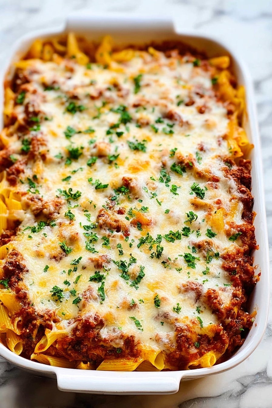 The image shows a white rectangular baking dish filled with a baked pasta dish. The bottom layer is golden yellow pasta spirals packed closely together. Above the pasta, there is a thick layer of dark brown meat sauce mixed with red tomato chunks. The top layer is a melted, lightly browned cheese covering the dish evenly. Small green herb pieces are sprinkled on top, adding a fresh color contrast. The dish is set on a white marbled surface. photo taken with an iphone --ar 4:5 --v 7