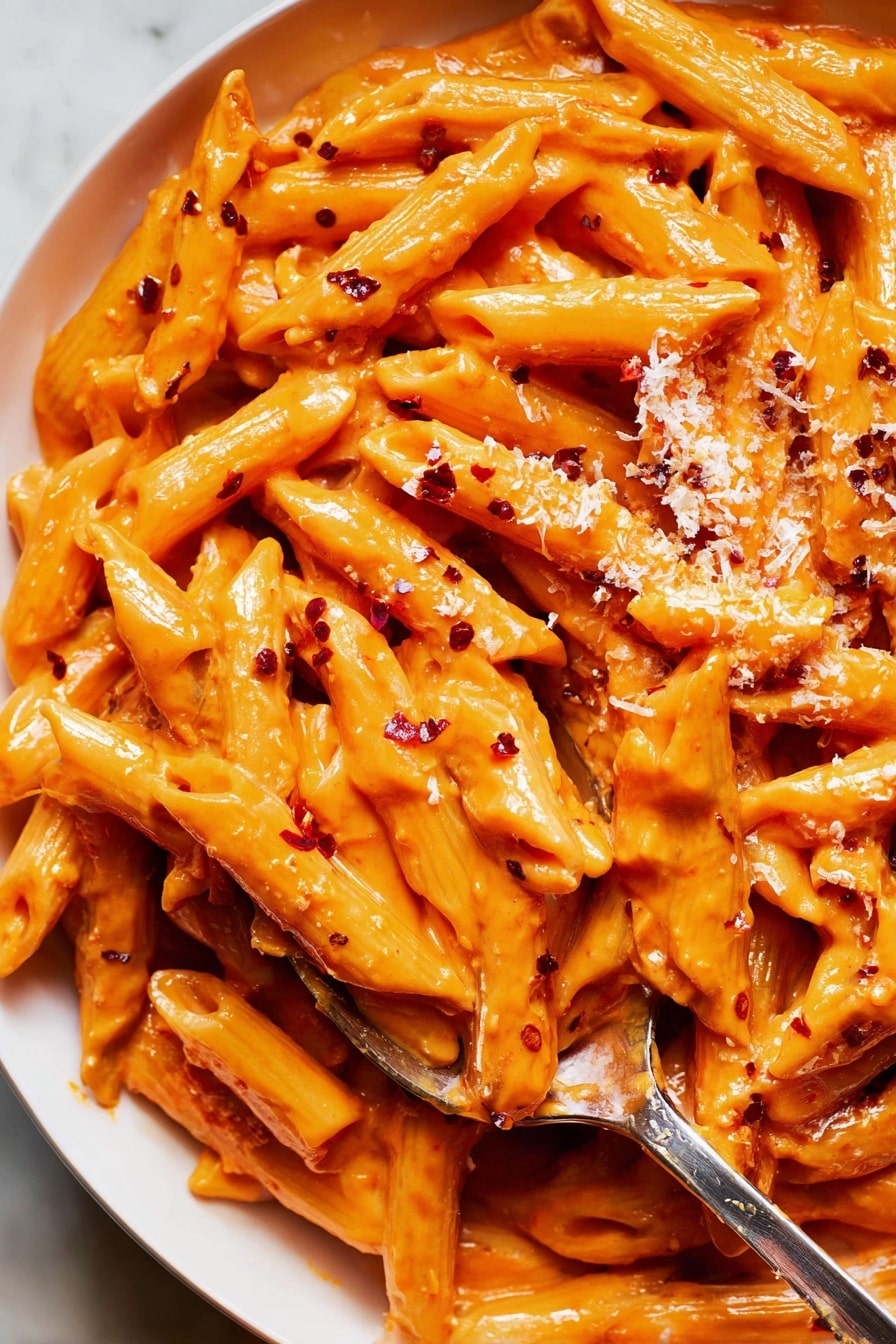 A white bowl filled with many pieces of orange penne pasta covered in a smooth sauce. The pasta is mixed well and piled up in the bowl. There is a light sprinkle of shredded white cheese on top in the center, along with a few small red chili flakes. A metal fork is placed inside the pasta on the left side, partially lifting some pieces. The bowl is set on a white marbled surface with a slightly blurred stacked bowl and fork in the background. Photo taken with an iphone --ar 4:5 --v 7