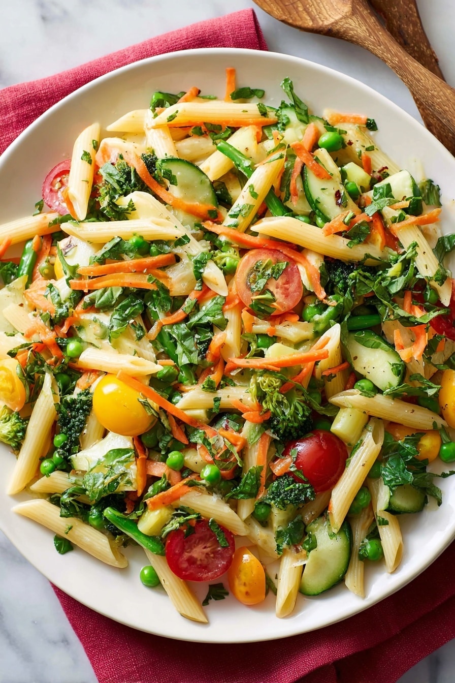 The dish shows a white plate filled with a colorful penne pasta salad. The base layer is creamy off-white penne pasta mixed with bright green peas and chunks of light green zucchini. Scattered throughout are small, halved red cherry tomatoes and bright yellow bell pepper pieces. There are thin orange carrot strips and tender green broccolini florets adding texture. The salad is topped with fresh, dark green basil leaves shredded finely. The plate sits on a white marbled surface with a folded soft red cloth underneath and light wooden kitchen utensils beside it. Photo taken with an iphone --ar 4:5 --v 7