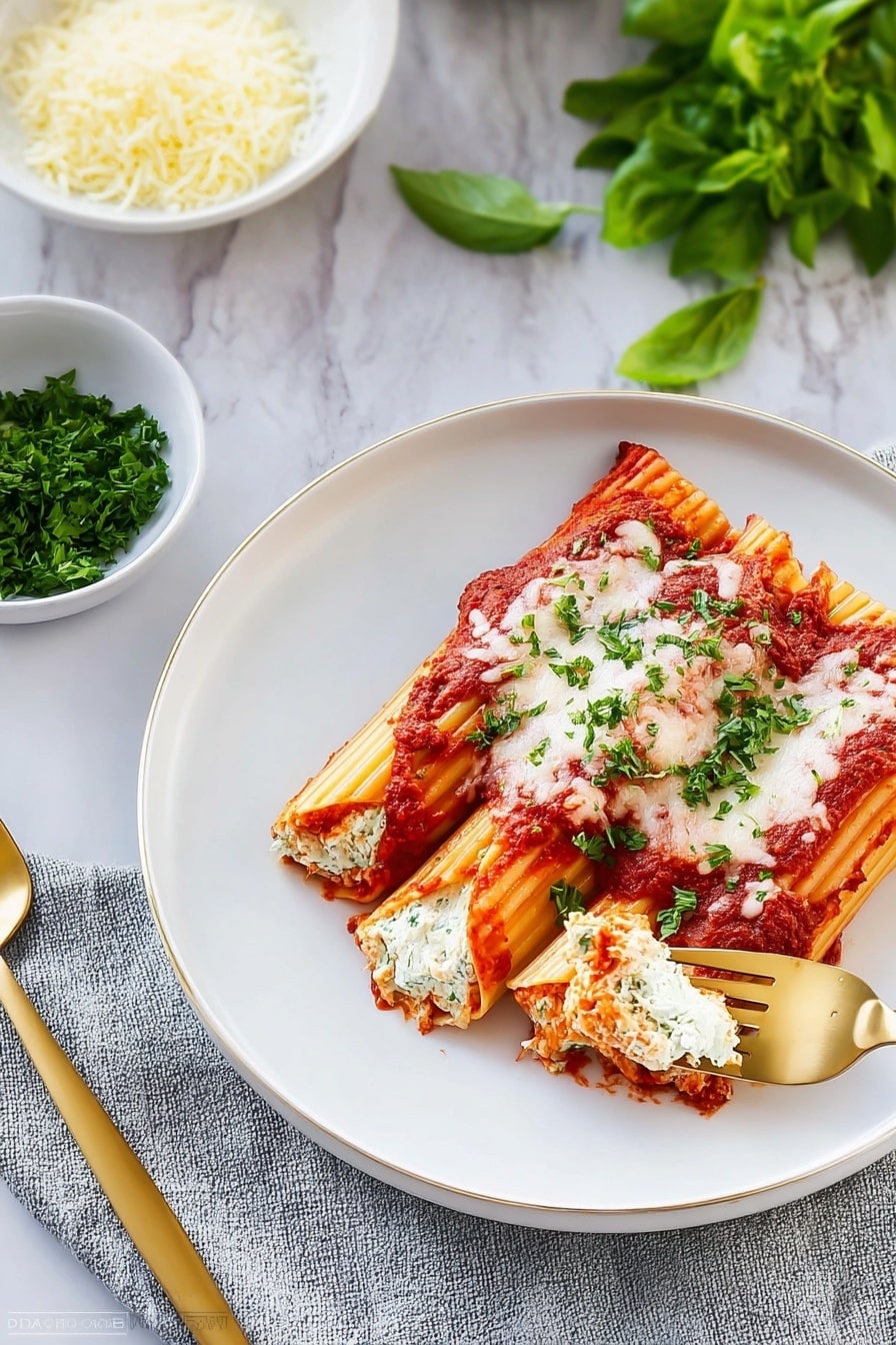 The image shows two large pasta rolls placed on a pool of bright red tomato sauce on a white round plate, with a sprinkle of grated white cheese and small chopped green herbs on top. The pasta has a light yellow color and a textured surface with ridges, filled with a creamy white cheese mixture visible at the ends of the rolls. On the side of the plate, there is a small fresh salad made of green leafy lettuce, spinach, and a slice of red tomato. A silver fork is placed on the left side of the plate, resting on the white marbled surface. Photo taken with an iphone --ar 4:5 --v 7