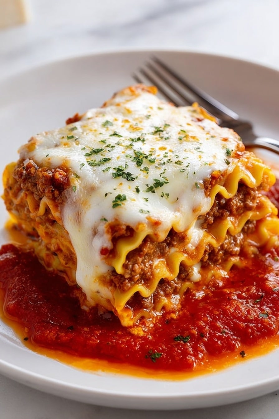 A white rectangular dish with layered lasagna inside is shown. The top layer is melted cheese, golden and white with some browned spots, and it is sprinkled with small bits of green herbs. Below the cheese layer, there is a thick layer of rich red tomato sauce mixed with ground meat, visible in some areas where the cheese pulls away. The wooden spatula is lifting a piece, showing multiple layers: a pale pasta layer, a red meat sauce layer, and the cheese layer, all looking soft and cheesy. The white marbled surface under the dish has a white cloth folded on one side and a white plate with a slice of toasted bread and a butter knife in the top left corner. photo taken with an iphone --ar 4:5 --v 7
