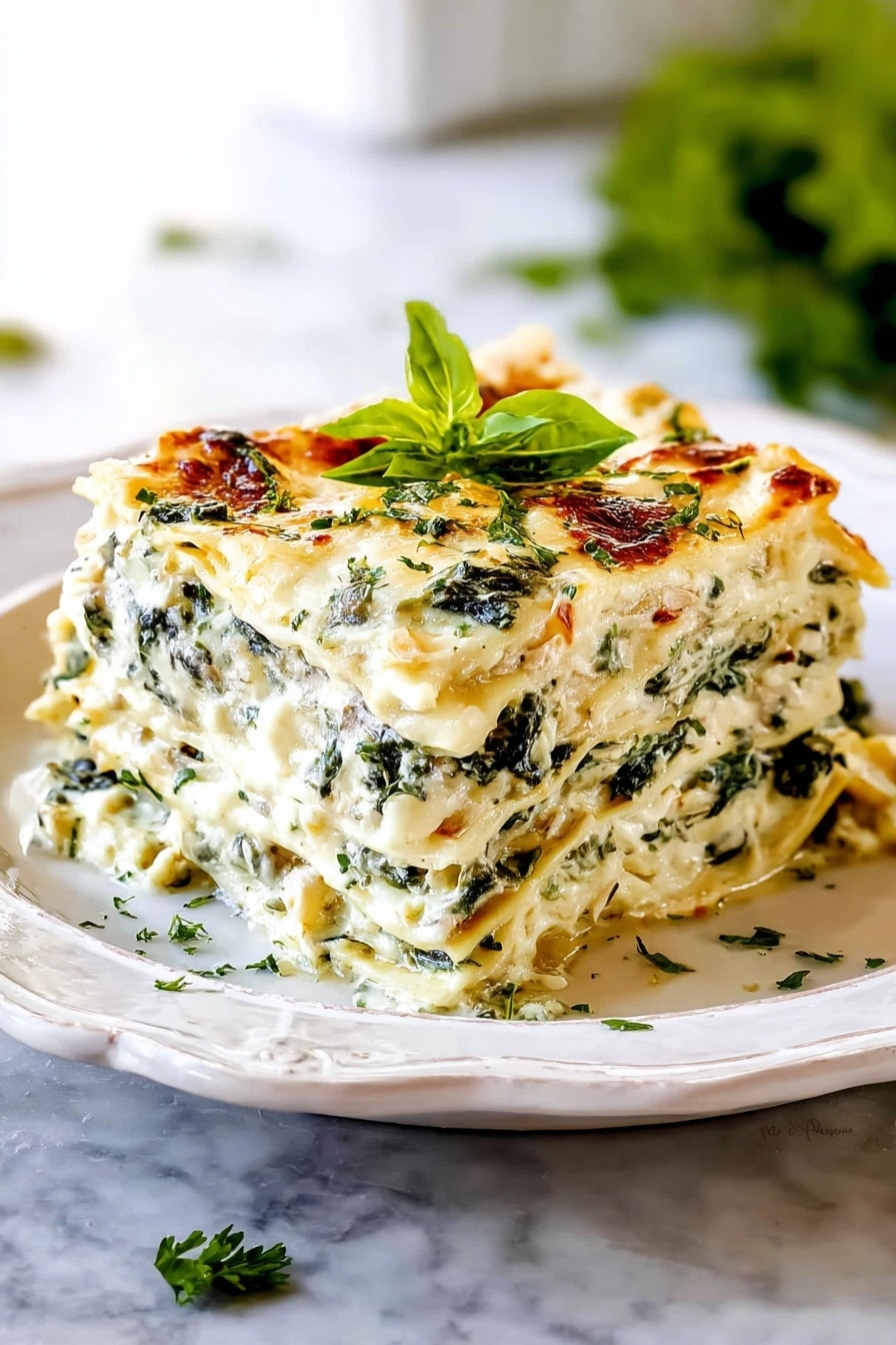 The image shows a white rectangular baking dish filled with layered baked pasta. The top layer is covered with melted cheese that is golden brown with some darker spots and sprinkled with green herbs and small basil leaves. Inside, there are visible layers of a creamy white sauce mixed with green spinach and pasta noodles. A square piece has been taken out with a metal spatula, showing the thick layers inside, stacked evenly and full of creamy texture. The dish sits on a white marbled surface with a striped napkin nearby. Photo taken with an iphone --ar 4:5 --v 7