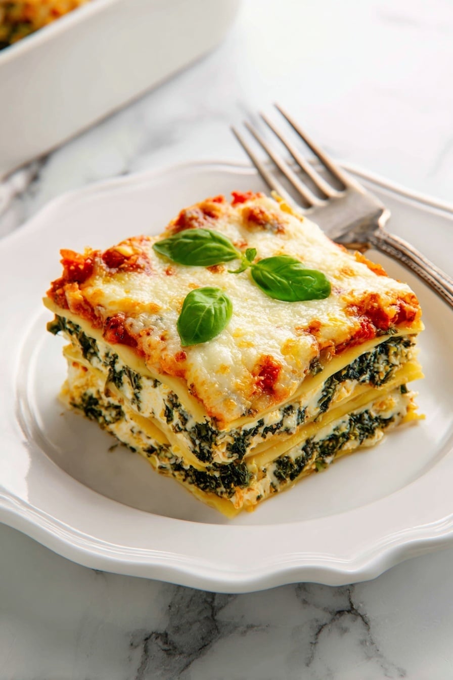 A square piece of lasagna sits in the middle of a white plate with a simple scalloped edge. The lasagna has clear layers starting with a light yellow cooked pasta layer at the bottom, followed by a thick layer of green spinach mixed with white cheese. Another pasta layer sits above, topped with a vibrant red tomato sauce layer that has melted white cheese over it. Bright green basil leaves garnish the top, adding fresh color. A silver fork rests behind the lasagna on the plate. The background is a white marbled surface. photo taken with an iphone --ar 4:5 --v 7