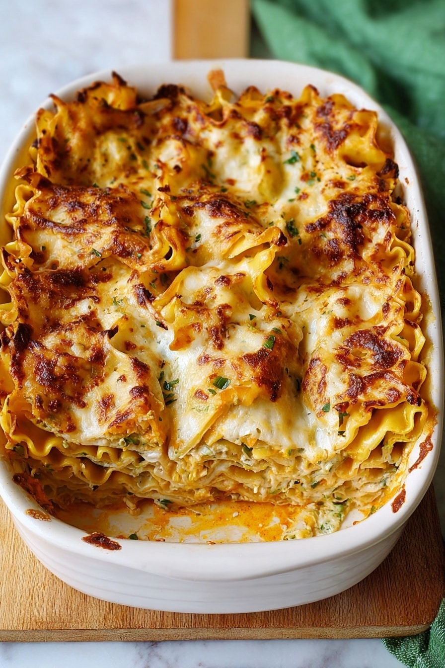 Butternut Squash Spinach Lasagna Recipe 5 The dish is a baked lasagna served in a white oval ceramic dish. It has multiple thin layers of wavy-edged pasta sheets, covered with melted cheese that is golden brown with some darker browned spots on top. The layers show creamy and slightly textured fillings with hints of orange and green, likely from vegetables or sauce. The top layer appears slightly crispy and bubbly, giving it a rich, gooey look. The dish is set on a white marbled surface with a green cloth partially visible in the background. Photo taken with an iphone --ar 4:5 --v 7