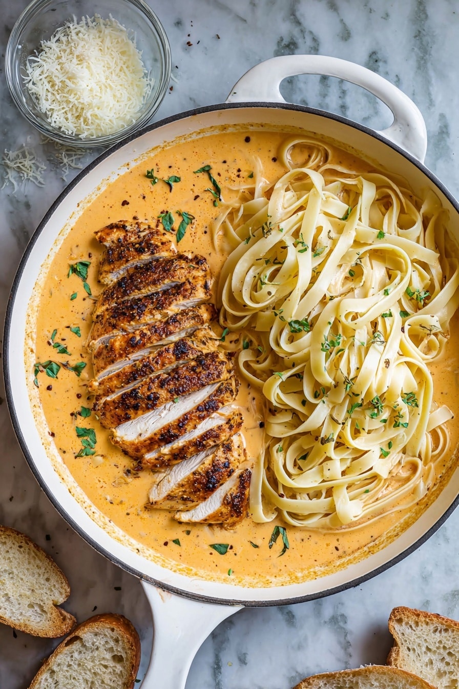 Creamy Cajun Chicken Alfredo Pasta Recipe 5 A white pan filled with three parts: the bottom layer is creamy orange sauce covering the pan’s base; on the left side, there is a sliced, grilled chicken with a dark golden-brown crust and juicy white inside, sprinkled with green herbs and black pepper; on the right side, two separate piles of light beige fettuccine noodles lay loosely on the sauce, also topped with black pepper and green herb leaves. A small clear bowl with grated white cheese is on the top right corner, and slices of light brown bread are in the bottom left corner, all placed on a white marbled surface. Photo taken with an iphone --ar 4:5 --v 7
