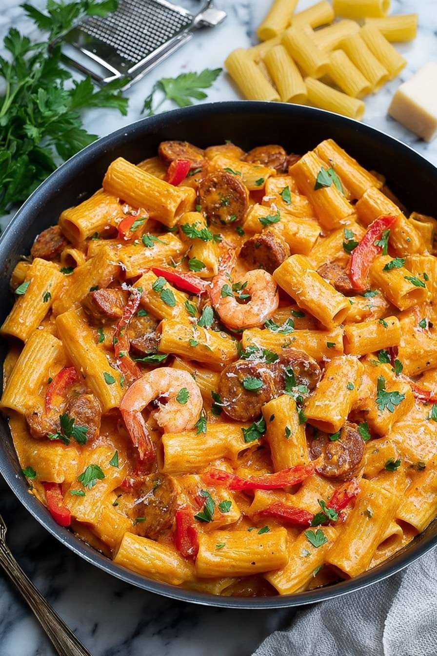 The dish shows a black pan filled with creamy orange pasta made of penne noodles mixed with shrimp and pieces of browned sausage. Bright red bell pepper slices are scattered on top along with green chopped parsley, adding color contrast. The shrimp are a light orange and curved, while the sausage slices are browned and round. The creamy sauce coats everything giving a shiny look. Around the pan are uncooked yellow penne noodles and a cheese grater with a block of cheese on a white marbled surface. The image has a clear, fresh look with all ingredients visible. photo taken with an iphone --ar 4:5 --v 7