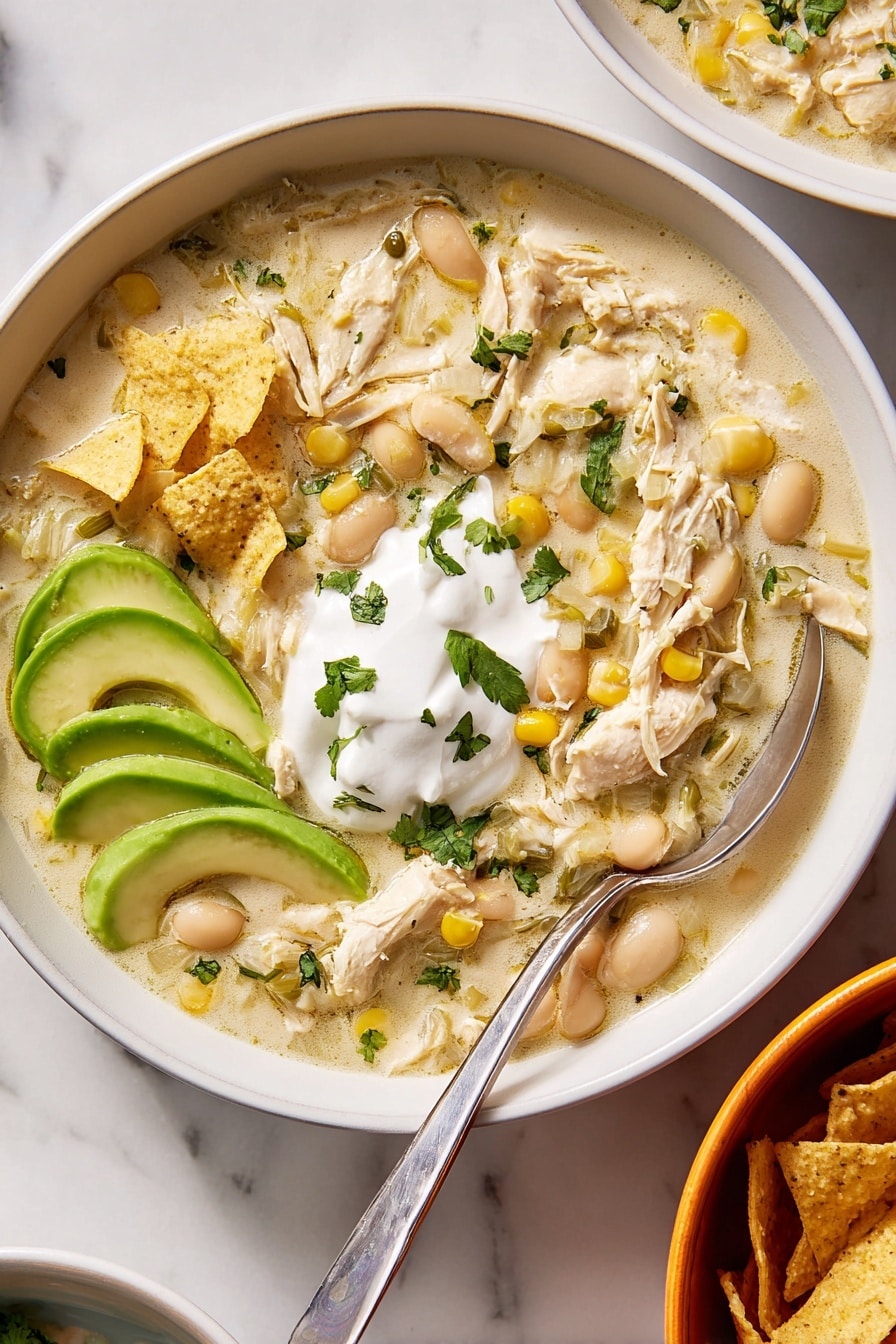 One-Pot White Chicken Chili Recipes Recipe 5 A white bowl holds a creamy white soup with visible small chunks of light yellow corn, pale white beans, and shredded light brown meat mixed throughout. On top, there is a dollop of white sour cream, a few pale yellow shredded cheese strands, and bright green fresh cilantro leaves scattered around. Several slices of smooth light green avocado fan out on one side of the bowl. Light beige crushed tortilla chips are sprinkled over the soup. A silver spoon rests inside the bowl on the left side. The bowl sits on a white marbled surface. Photo taken with an iphone --ar 4:5 --v 7