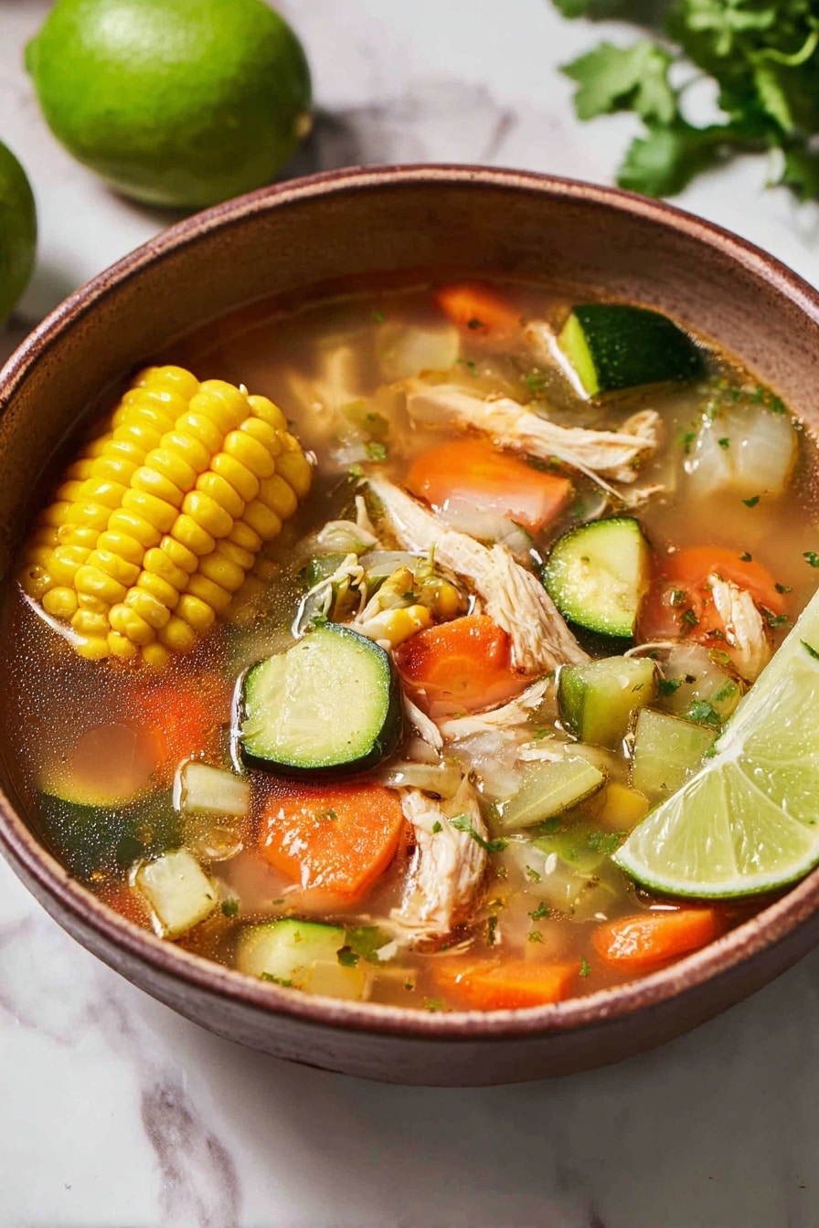 Healthy Mexican Chicken Soup Recipe 5 The image shows two white bowls filled with chicken and vegetable soup placed on a white marbled surface. Each bowl contains clear broth with bright orange carrot slices, chunks of green zucchini, shredded light brown chicken, and vibrant yellow corn on the cob pieces. Each bowl is garnished with a fresh green lime wedge and small sprigs of leafy cilantro near the edges. A silver spoon rests inside the left bowl. Around the bowls, there is a small white bowl of orange rice, two lime wedges, a bunch of cilantro, and a bottle of red hot sauce with a red cap. photo taken with an iphone --ar 4:5 --v 7