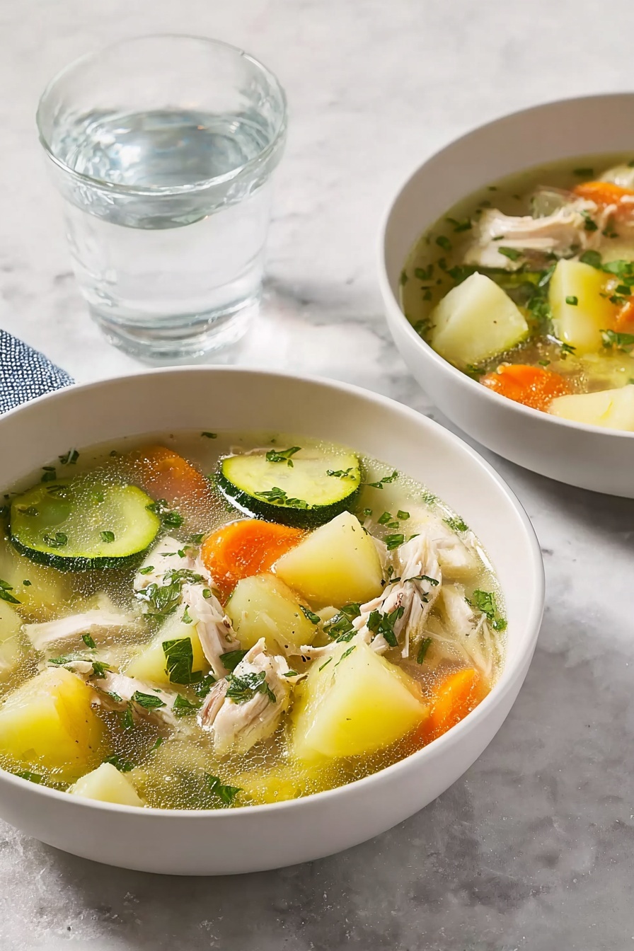 Two round white bowls sit on a white marbled textured surface. Each bowl is filled with a soup containing several layers: shredded light brown cooked chicken pieces, round slices of light green zucchini, bright orange carrot chunks, and pale yellow potato cubes mixed in a clear broth with green herbs sprinkled throughout. Near the bowls, there is a clear glass of sparkling water adding a fresh touch to the setting. The overall look is bright and fresh with soft, natural lighting. Photo taken with an iphone --ar 4:5 --v 7