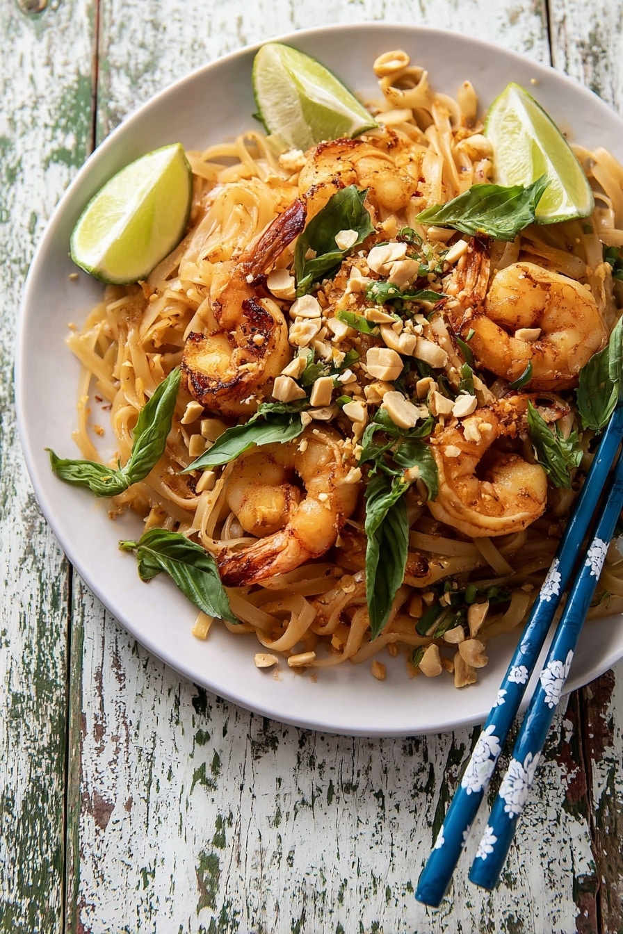 Garlic Butter Shrimp Pad Thai Recipe 5 A white plate holds a serving of light brown flat noodles mixed with golden shrimp that have a slight char, scattered with fresh green basil leaves and chopped peanuts on top. Bright green herbs and thin sliced green onions are spread through the dish. A wedge of lime sits on the edge of the plate. Two wooden chopsticks with dark blue and white pattern rest on the left side of the plate. The plate is placed on a white marbled surface. photo taken with an iphone --ar 4:5 --v 7