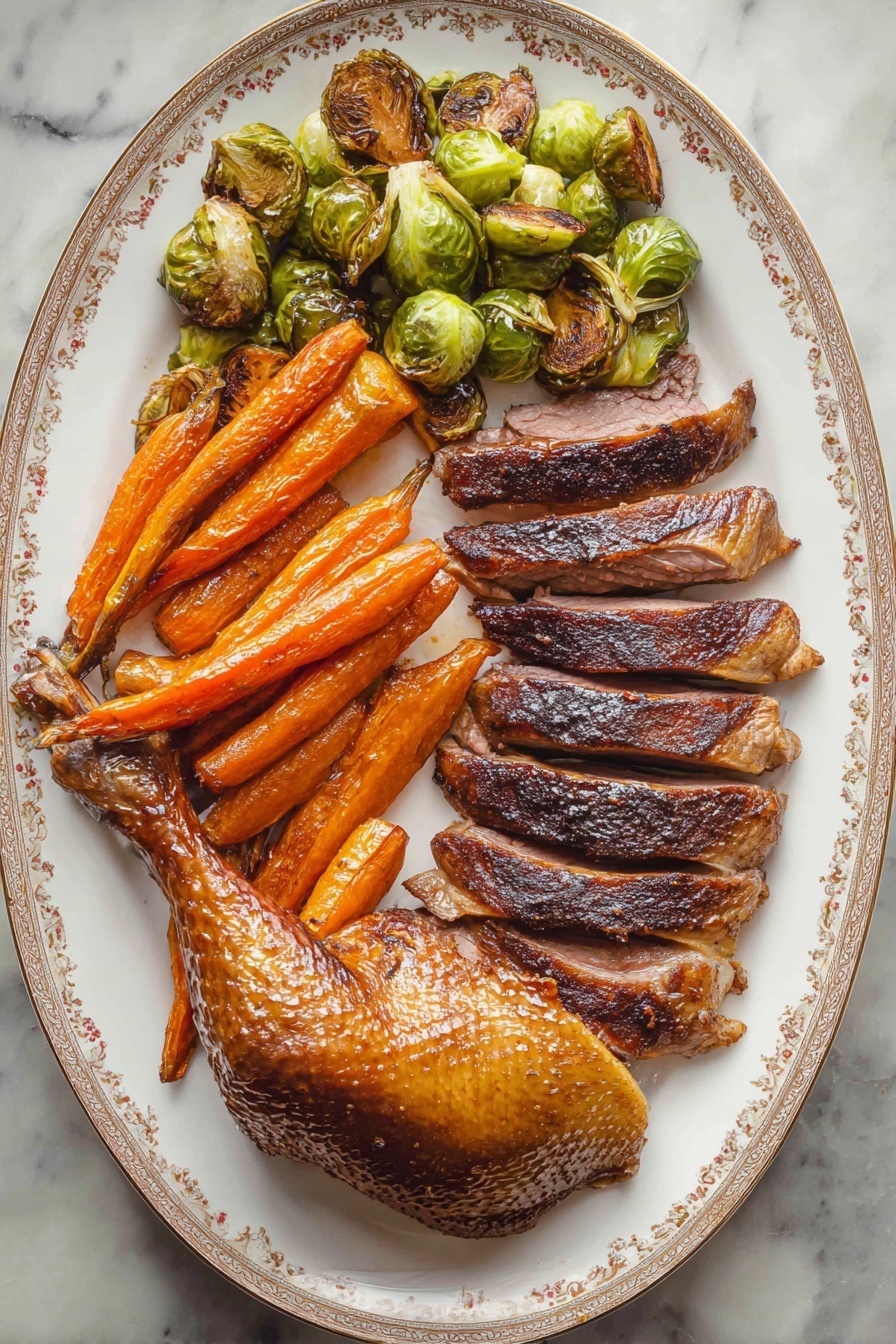 Roast Christmas Goose with Gravy Recipe 5 A white oval plate with a gold floral edge design holds a meal arranged in neat sections. On the right side, six slices of dark golden-brown roasted meat with a crispy, shiny texture are stacked in a slightly fanned-out row. The bottom left of the plate features a large, whole roasted leg piece with crispy skin, showing shades of golden brown and darker edges. Above and to the left of the leg, golden and green roasted Brussels sprouts and sliced carrots are piled together, showing a mix of charred and bright colors. The plate is set on a white marbled surface. photo taken with an iphone --ar 4:5 --v 7