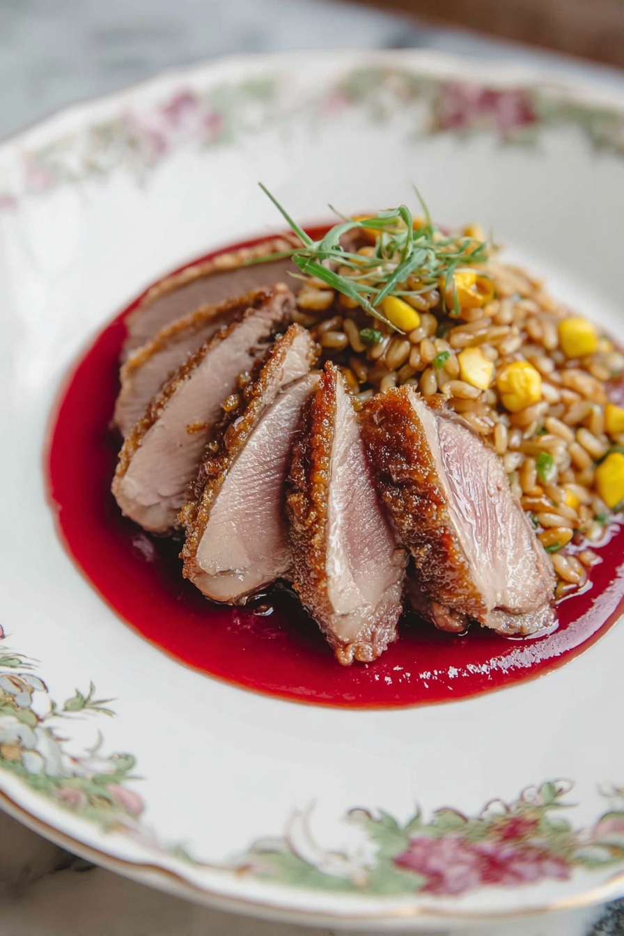 Roast Christmas Goose with Gravy Recipe 6 The dish shows four slices of cooked meat with a crispy golden brown edge, arranged leaning against each other in the center of the plate. Beneath the meat is a mound of mixed grains and small yellow vegetable pieces, creating a textured base. The entire stack rests on a smooth, glossy, bright red sauce spread evenly on the white plate. A small sprig of green herb tops the grains, adding a touch of fresh color. The plate has a delicate floral pattern on its rim and sits on a white marbled surface. photo taken with an iphone --ar 4:5 --v 7