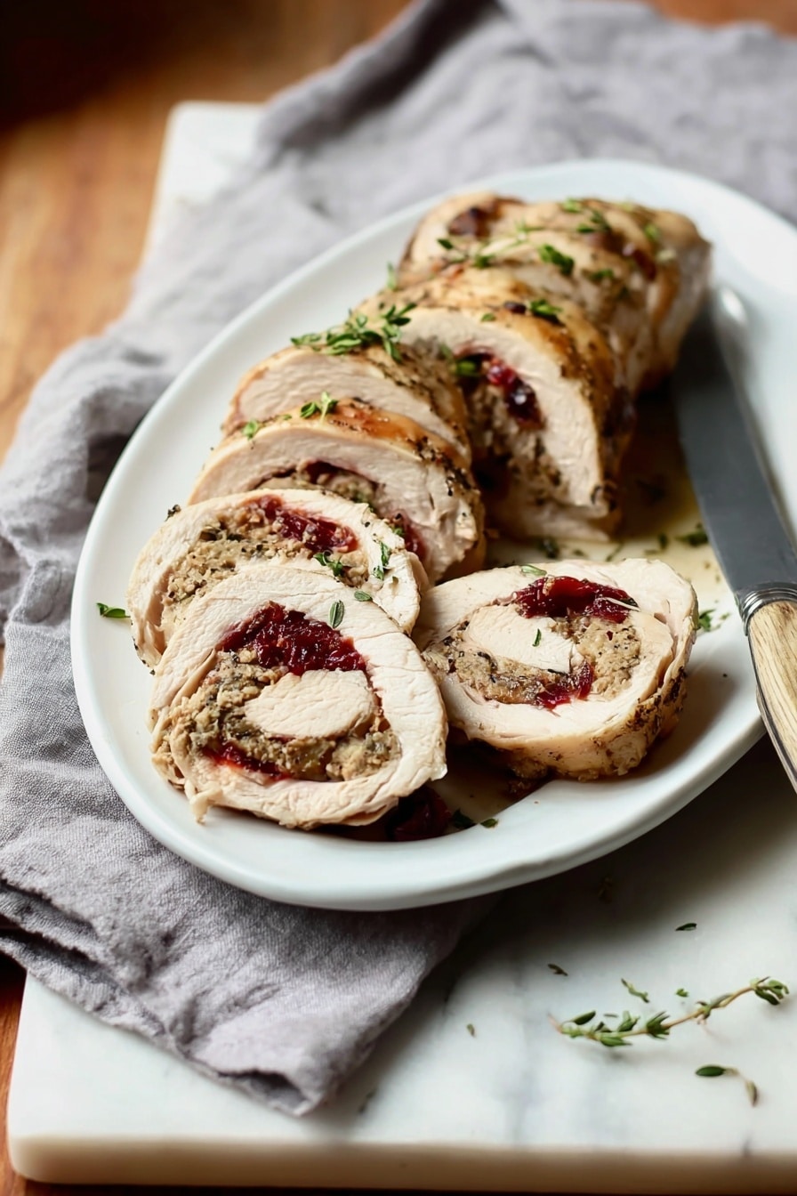 Turkey Breast with Sausage and Cranberry Stuffing Recipe 5 The dish shows a white plate with a large piece of rolled meat stuffed with a mixture that has visible red bits, likely dried fruit or berries, and a crumbly texture. The rolled meat is light brown on the outside with black pepper and green herbs sprinkled on top. Several slices of the stuffed meat are cut and placed around the main roll, showing the layers clearly: the light brown meat outside, a thick crumbly filling with red pieces inside. There are small green herb leaves scattered on the plate for garnish. The background is a white marbled surface with a glimpse of black cutlery blurred in the back. photo taken with an iphone --ar 4:5 --v 7