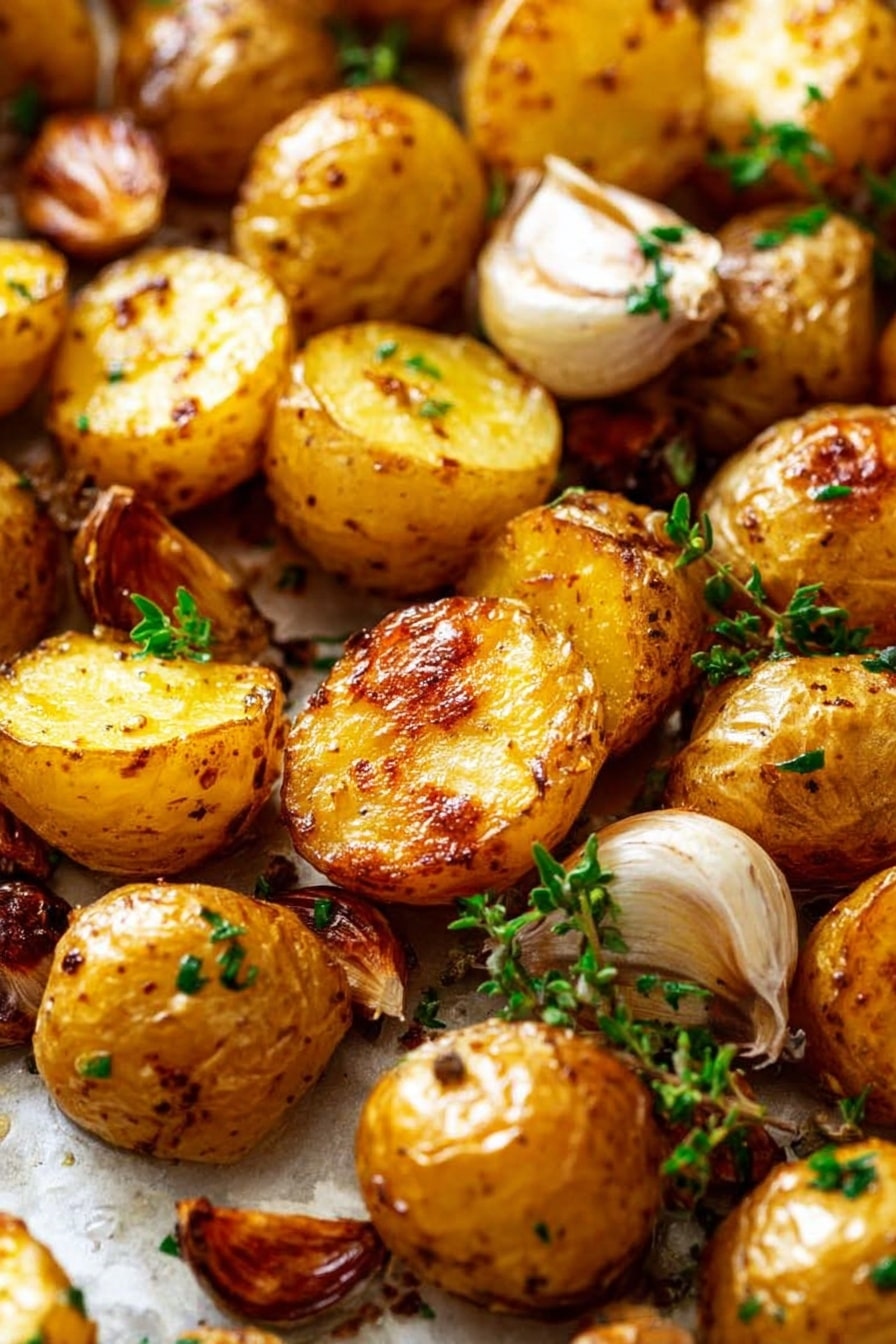 Crispy Roast Potatoes with Garlic and Herbs Recipe 5 The image shows a close-up of several small, round roasted potatoes that are golden brown and crispy on the outside. One potato is held by a silver fork, with a small green herb on top, possibly thyme. The potatoes have a rough, textured surface and are stacked closely together. Nearby, there is a light brown garlic clove and some scattered green herbs on a white marbled surface. The lighting highlights the warm, rich colors and crispy texture of the potatoes, creating a cozy and appetizing look. photo taken with an iphone --ar 4:5 --v 7