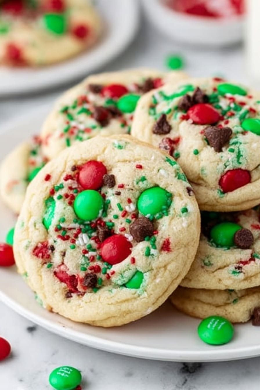M&M Christmas Cookies Recipe 6 A white plate holding several soft round cookies topped with red and green candy-coated chocolates and tiny red and green sprinkles. The cookies are light golden brown with a slightly cracked texture on top, and the candies sit flat on the surface, providing bright color spots. The plate is on a white marbled surface with some loose red and green candies scattered around. Photo taken with an iphone --ar 4:5 --v 7