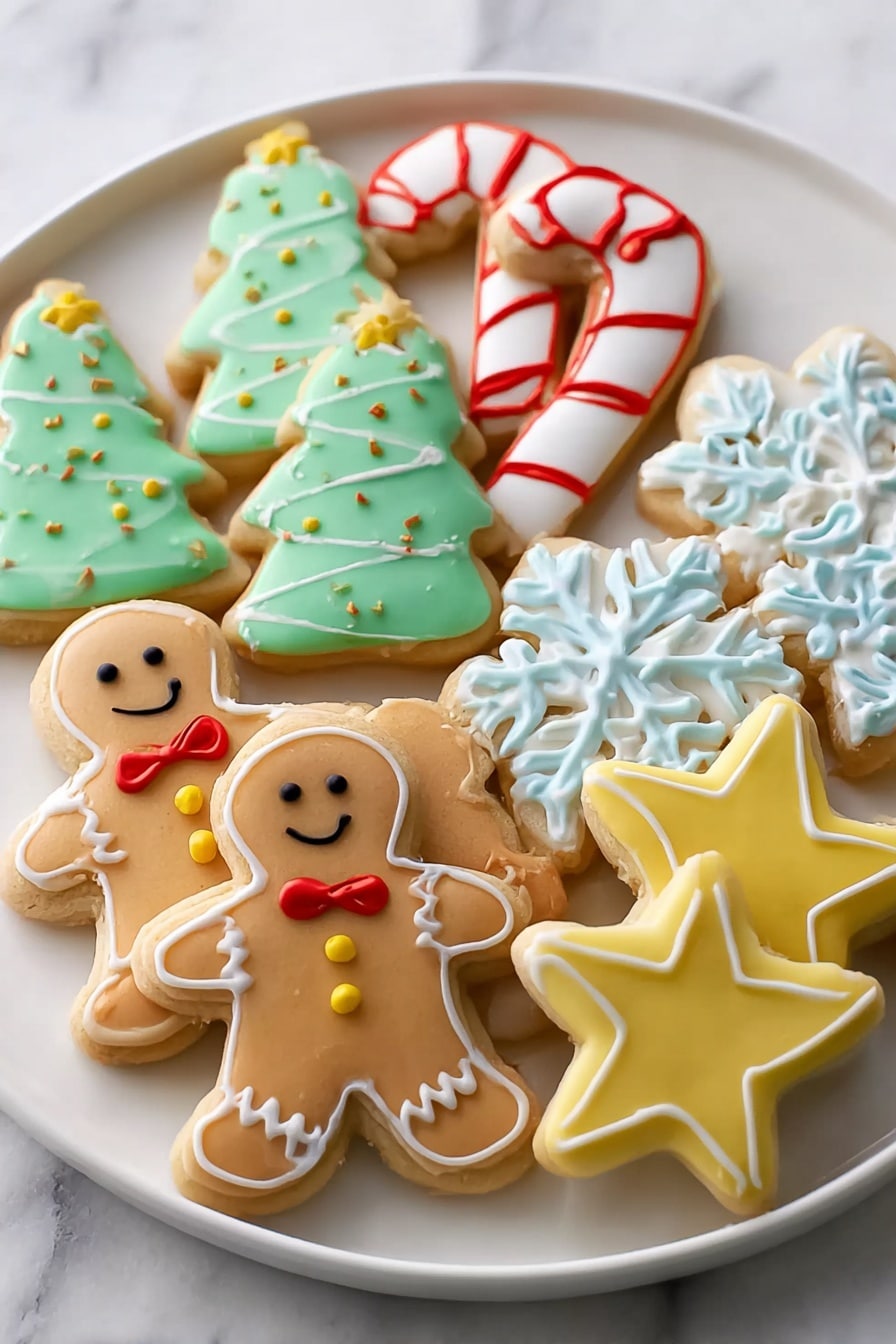 Soft Christmas Cookies Recipe 5 A white plate on a white marbled surface holds a collection of decorated cookies arranged in layers. At the front are three gingerbread man cookies with smooth brown icing, small yellow buttons, and red bow ties, each with simple black smiling faces. Behind them, there are four green Christmas tree-shaped cookies with light green icing; two have yellow stars on top and white dots for decoration, while two have a darker green icing swirl and a brown base to show a tree trunk. Behind the trees, there are three white snowflakes and star cookies with pastel blue and yellow icing and thin icing lines forming delicate patterns. Two candy cane cookies with white and red striped icing are placed at the back, showing a curved shape with bright, smooth stripes. photo taken with an iphone --ar 4:5 --v 7