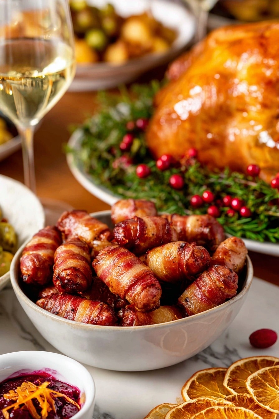 Honey Glazed Bacon-Wrapped Sausages Recipe 6 A white bowl filled with many small bacon-wrapped sausages that are golden brown, shiny, and slightly crispy on the edges, tightly packed together. The bowl sits on a wooden surface, with a blurred white plate of roasted meat garnished with green herbs and red berries in the background. Nearby, there is a glass of white wine, some red berries, a dried citrus slice, and a small white bowl with red sauce visible at the edges. The overall scene is warm and festive, with rich colors and a cozy feeling. Photo taken with an iphone --ar 4:5 --v 7