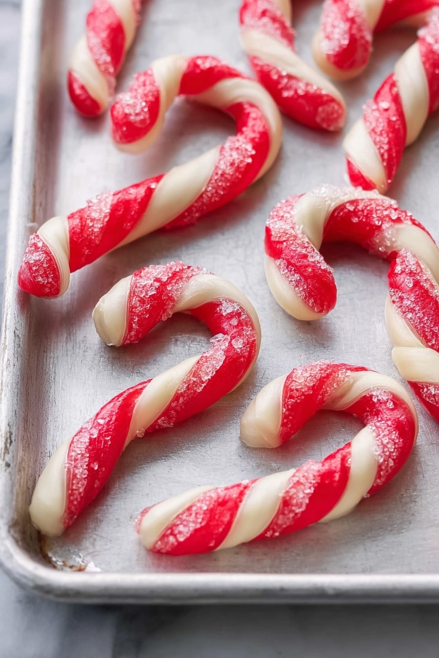 Peppermint Candy Cane Cookies Recipe 6 The image shows a tray filled with small candy cane-shaped cookies. Each cookie has two twisted layers, one red and one white, that spiral around each other. The cookies have a slightly shiny surface with some sugar crystals scattered on top, giving a sparkling effect. They are placed on a metal baking sheet with a few baked marks visible. The background around the tray is a white marbled texture. photo taken with an iphone --ar 4:5 --v 7