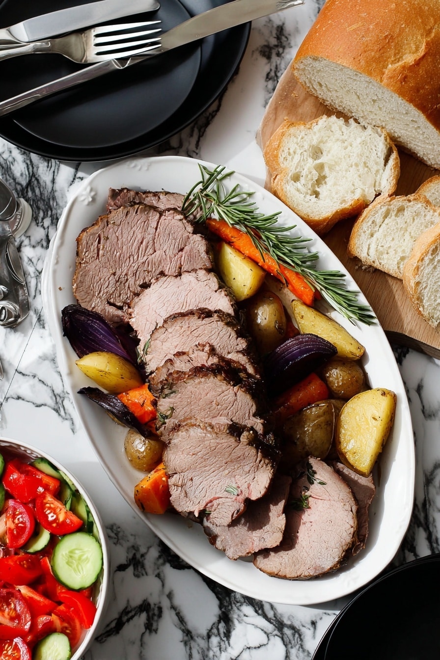 Roasted Lamb with Vegetables Recipe 6 The image shows five slices of cooked meat placed in a row on a rich wooden cutting board with a deep brown color and a textured pattern. Each slice has a browned, slightly charred outer layer with a mix of dark and light brown shades and a tender pinkish interior in the middle. The meat looks juicy and soft with a mix of smooth and rough textures on the surface. To the left, there is a large, dark-handled knife resting on the board, its metallic blade facing inward. The setting is on a white marbled surface visible at the edges, creating a clean and fresh contrast with the warm tones of the meat and board. photo taken with an iphone --ar 4:5 --v 7