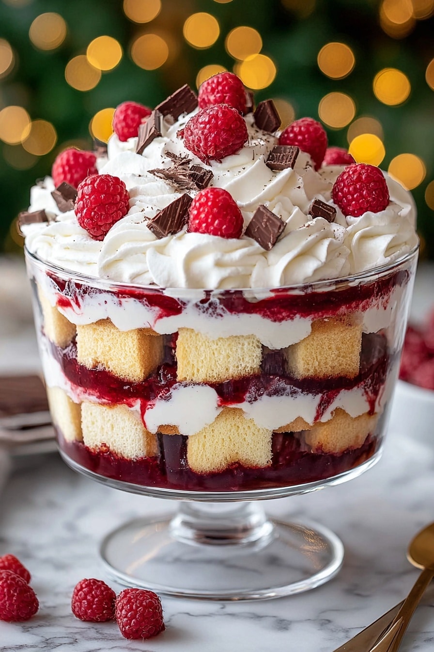 A dessert in a tall clear glass bowl shows four main layers: the bottom layer is a thick, chunky dark red raspberry sauce, followed by a layer of pale yellow sponge cake cubes. The third layer is white whipped cream dollops spread evenly, topped with a thin layer of red raspberry sauce with sponge cake cubes placed on top again. The topmost layer is a generous amount of white whipped cream piped in swirls, garnished with fresh bright red raspberries and small pieces of dark chocolate scattered around. The bowl sits on a white marbled surface with some chocolate pieces and raspberries nearby. photo taken with an iphone --ar 4:5 --v 7