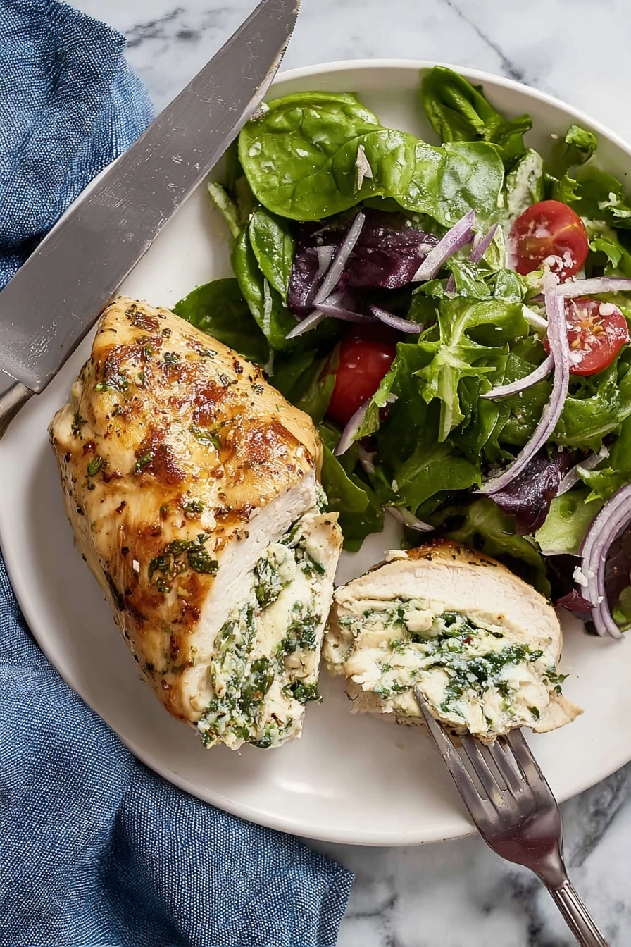 A white plate sits on a white marbled surface with a grilled chicken breast seasoned with herbs, showing a golden brown color with green parsley sprinkled on top, placed on the right side. To the left of the chicken is a fresh mixed green salad made with dark green spinach, light green lettuce, red radicchio, quartered red grape tomatoes, and thin slices of red onion, all coated lightly in dressing. Next to the plate is a silver fork and knife resting on a blue cloth napkin. Photo taken with an iphone --ar 4:5 --v 7