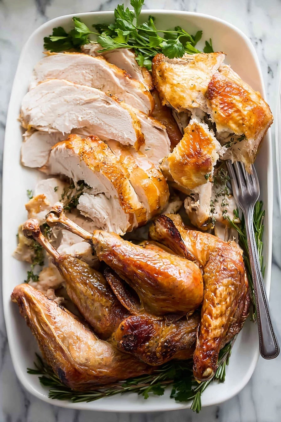 No Fuss Herb Butter Roasted Turkey Recipe 5 A white rectangular tray holds several pieces of carved roasted chicken arranged in two layers. The bottom layer shows slices of light-colored chicken meat with a golden brown, slightly crispy skin around the edges, while the top layer has larger pieces of golden brown chicken with skin still on, revealing tender meat underneath. Fresh green herbs are placed on the left and right sides of the tray for decoration, along with a fork resting on the right side partially under the herbs. The tray is on a white marbled surface. Photo taken with an iphone --ar 4:5 --v 7