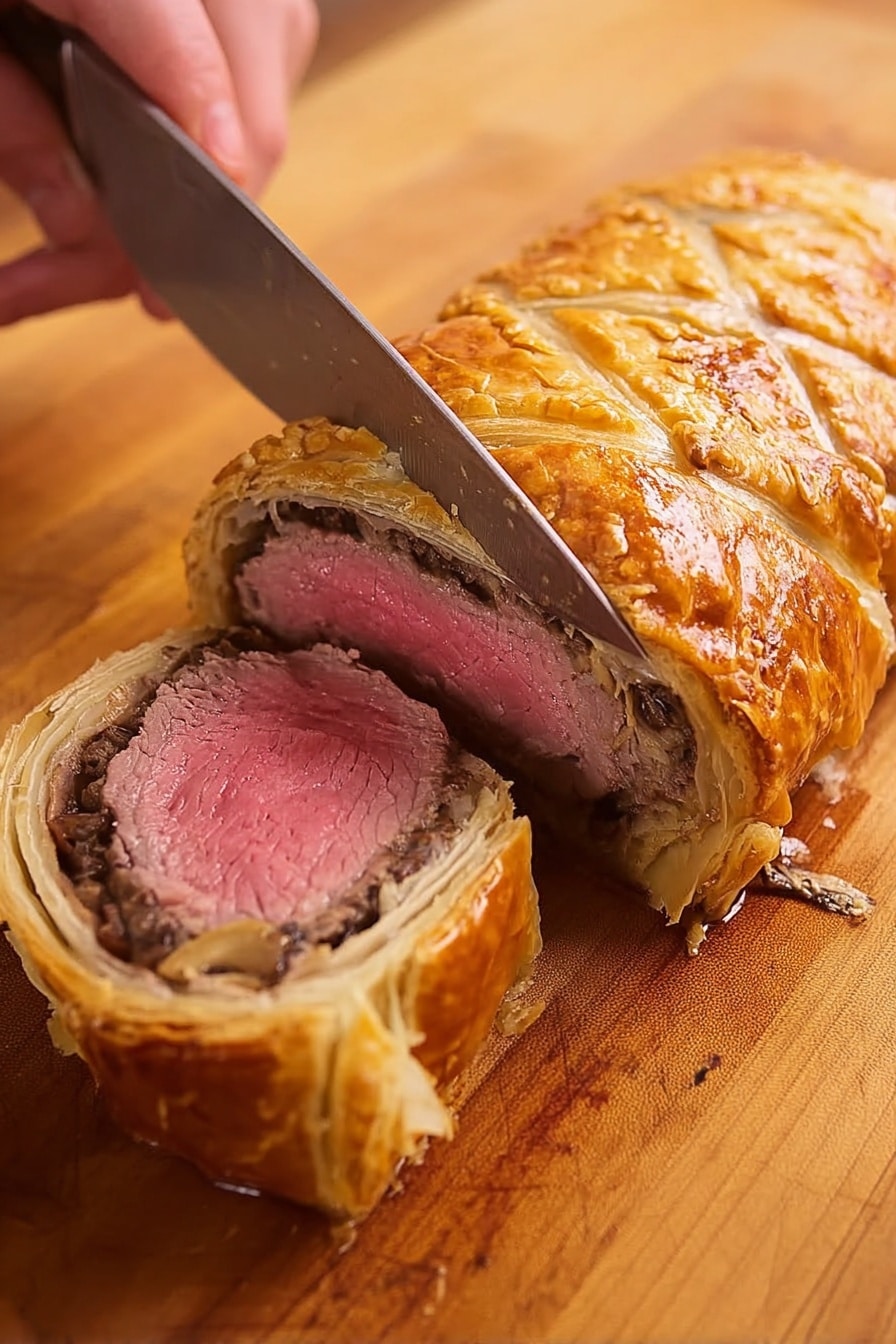 A close-up view of a person's woman's hand using a large knife to slice a beef Wellington on a wooden board. The dish has a golden-brown, flaky pastry crust on the outside, a thin layer of mushroom duxelles just beneath the crust, and a thick, pink, juicy piece of cooked beef in the center. The texture of the pastry looks crisp and slightly shiny, and the beef is cooked to medium rare with a smooth surface. The wooden board has a natural, light brown color and visible grain patterns. Photo taken with an iphone --ar 4:5 --v 7